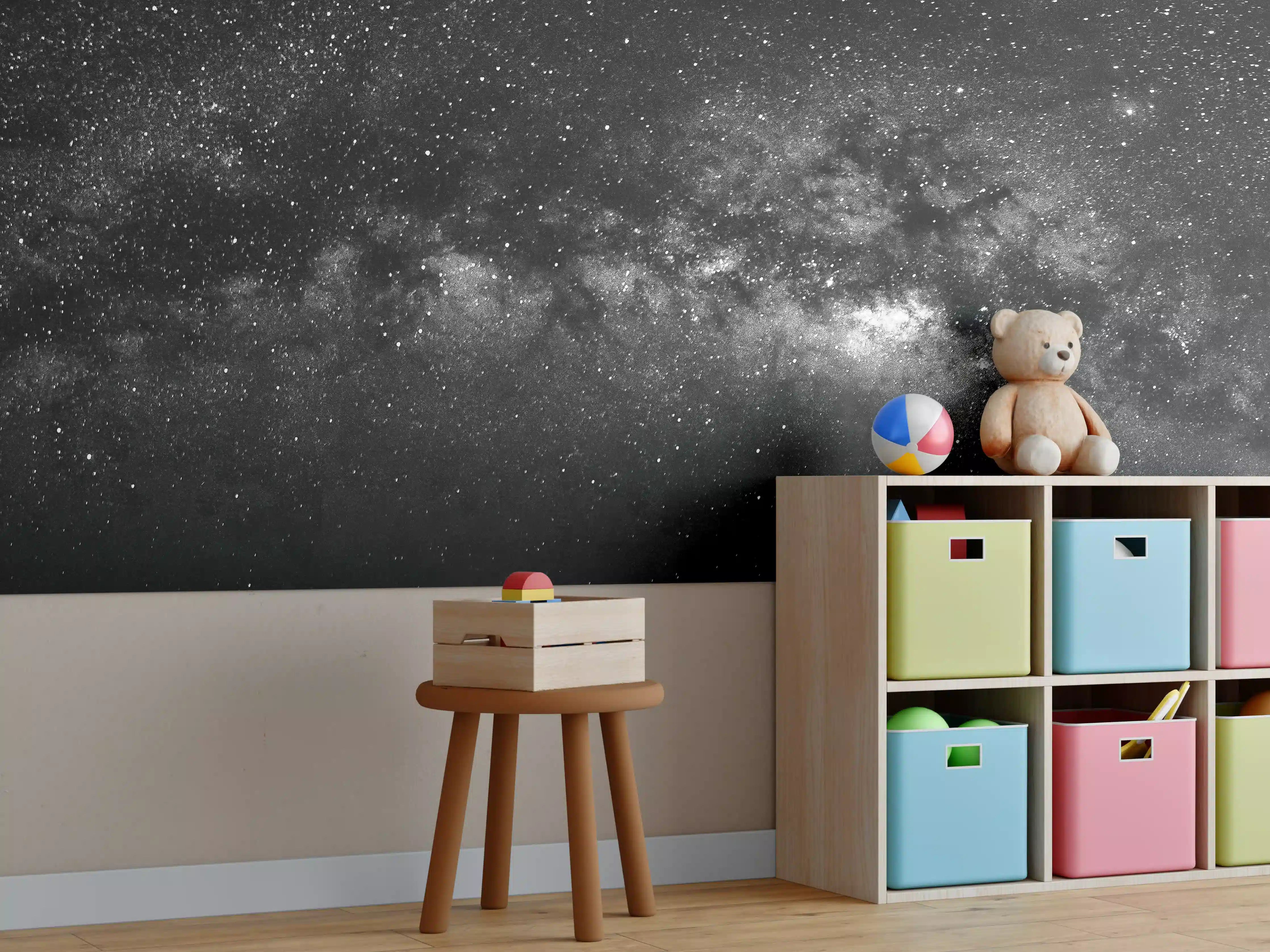 Kinderzimmer Wandgestaltung - Sternenhimmel mit Milchstraße in Schwarzweiß