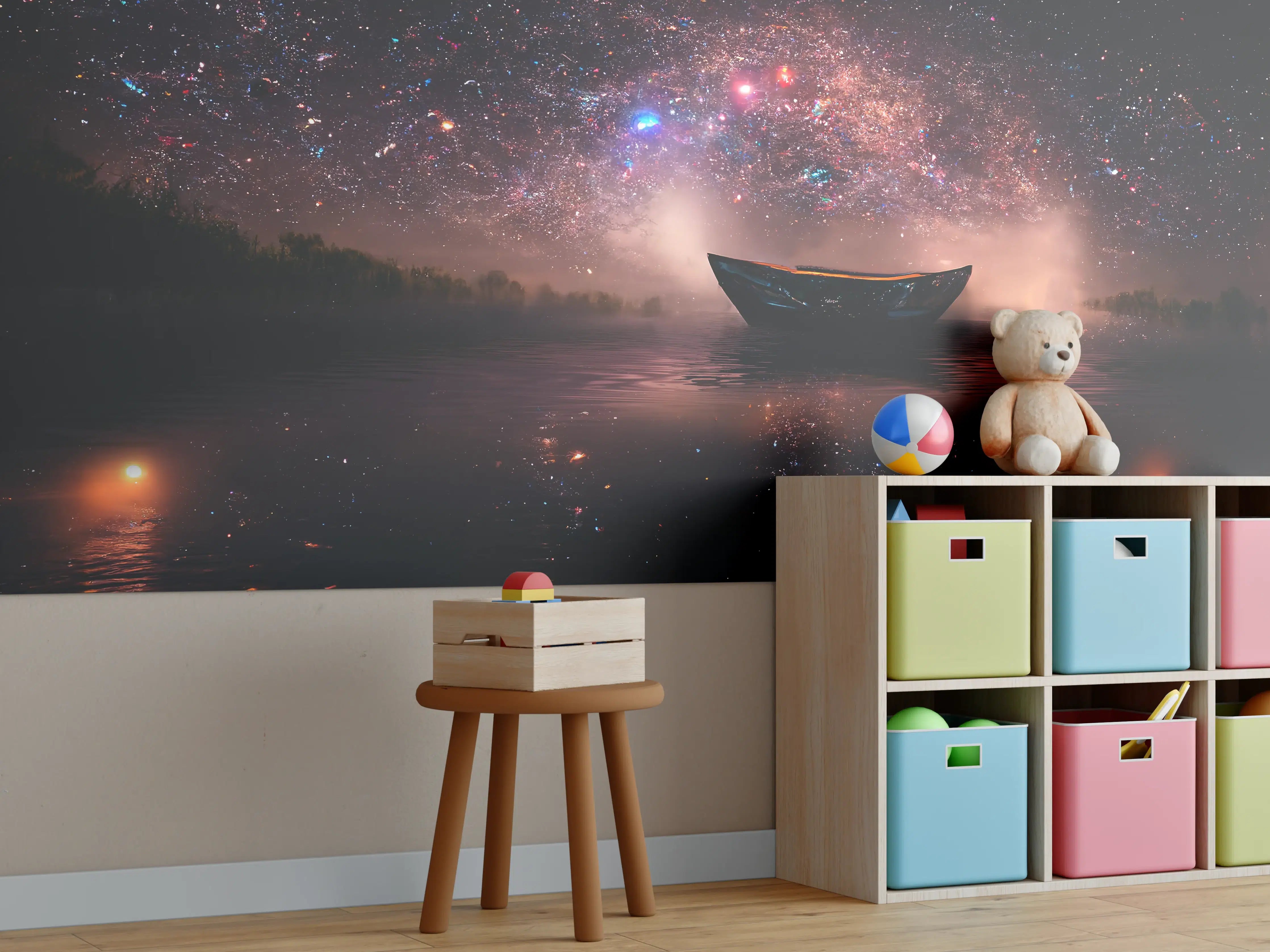Kinderzimmer Wandgestaltung - Sternenhimmel über ruhigem Wasser mit Boot