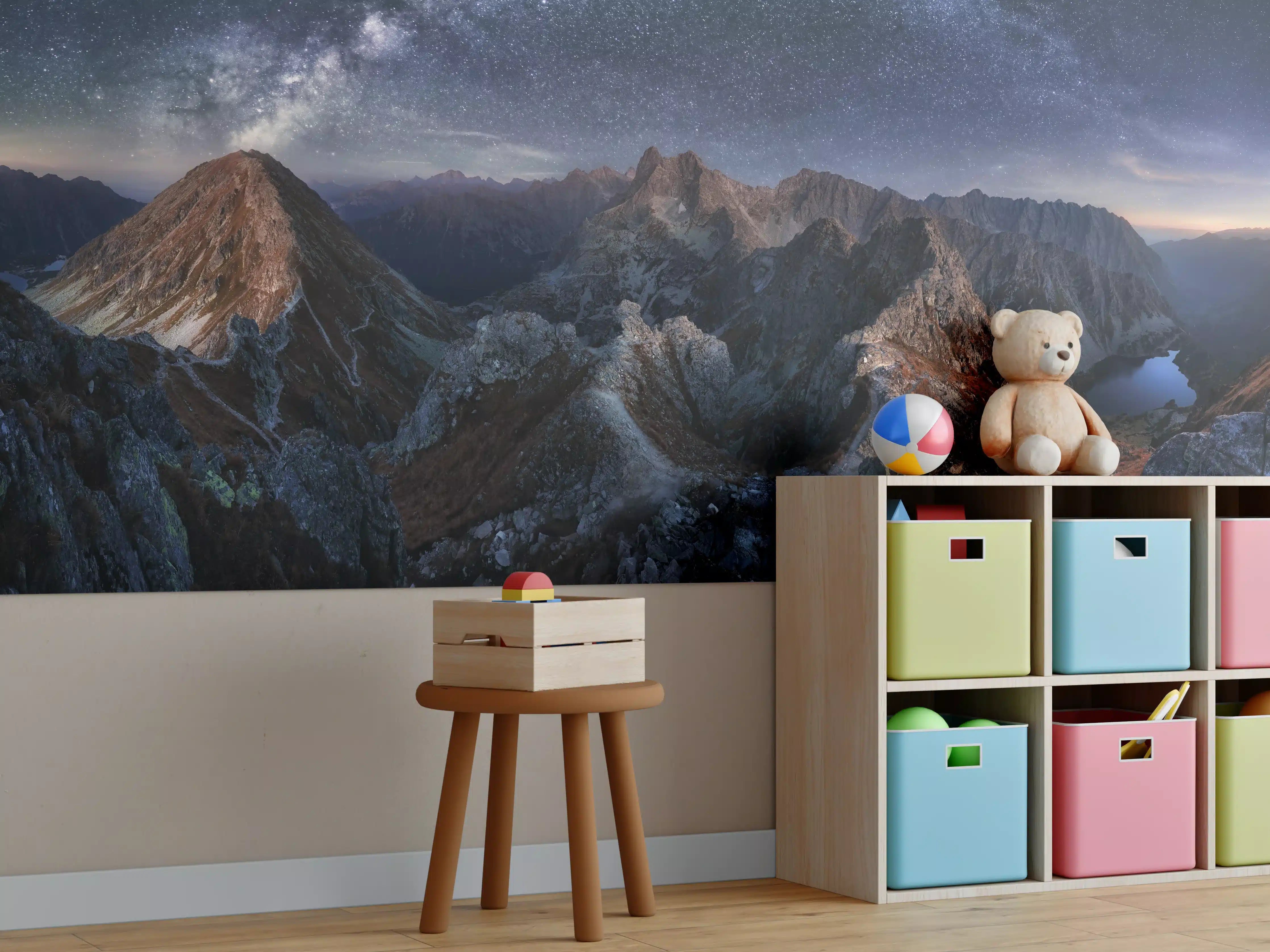 Kinderzimmer Wandgestaltung - Sternenklare Berglandschaft bei Nacht