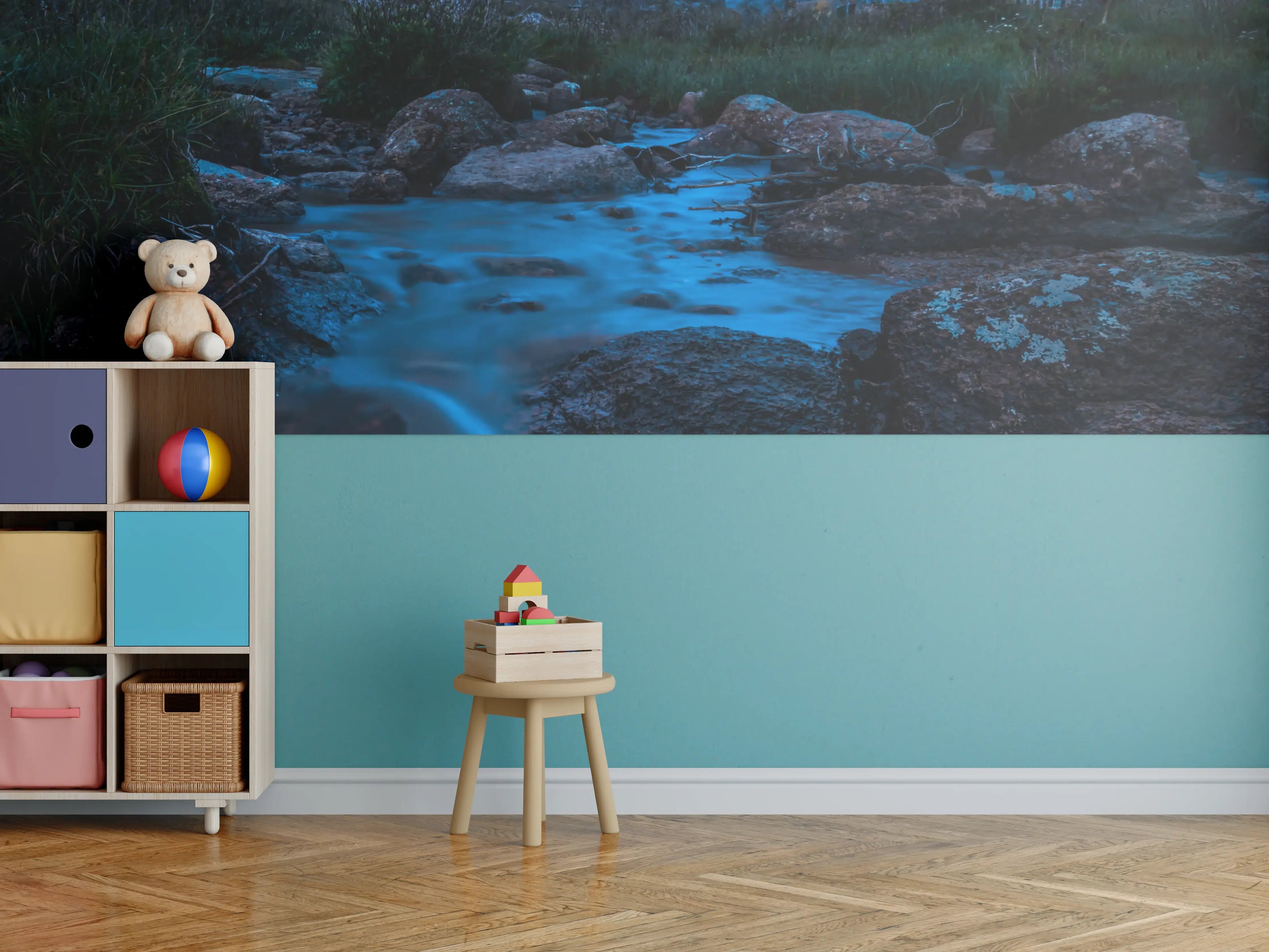 Kinderzimmer Wandgestaltung - Sternenklare Nacht über Bergen und Fluss