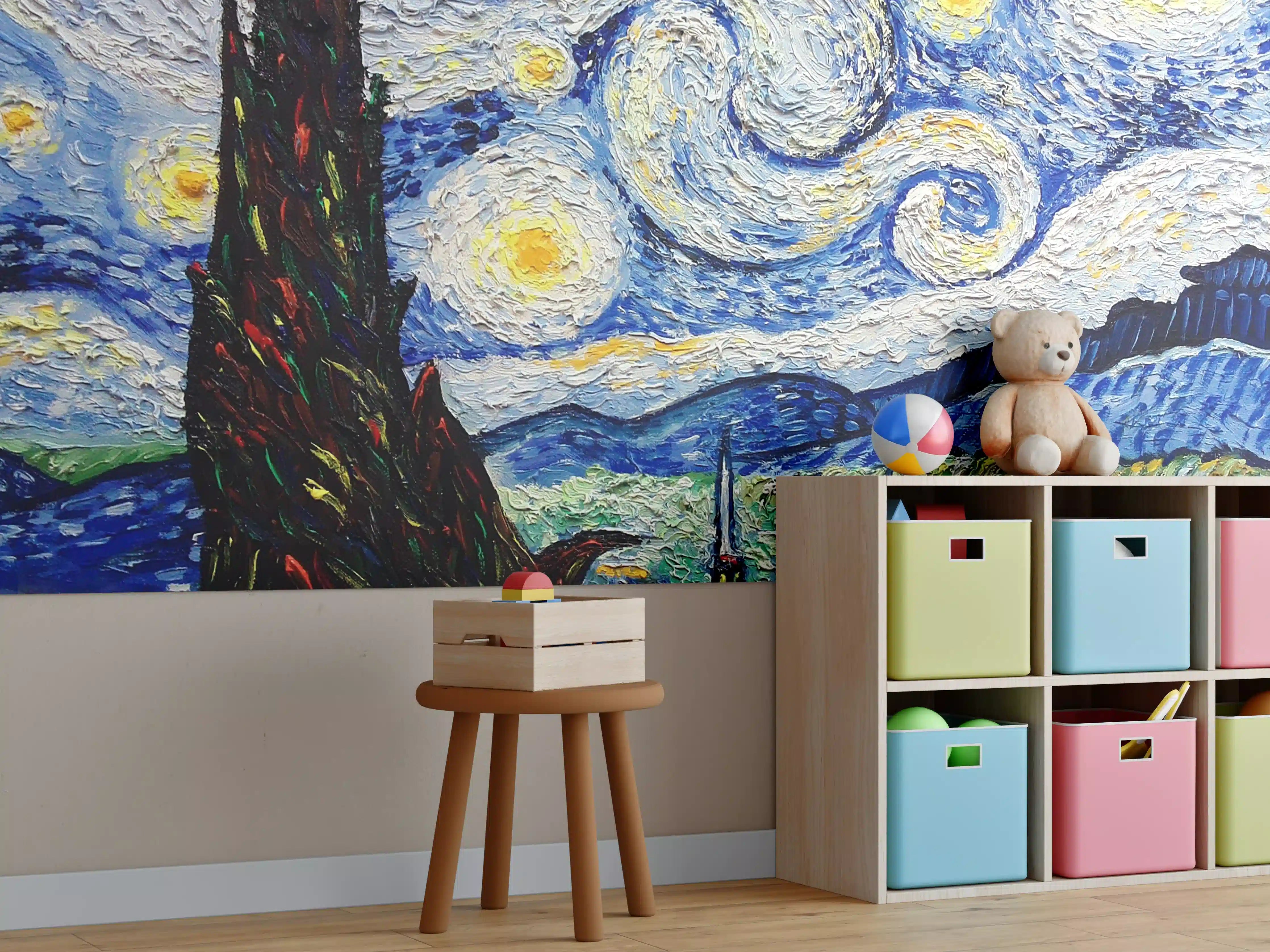 Kinderzimmer Wandgestaltung - Sternennacht über einer kleinen Stadt
