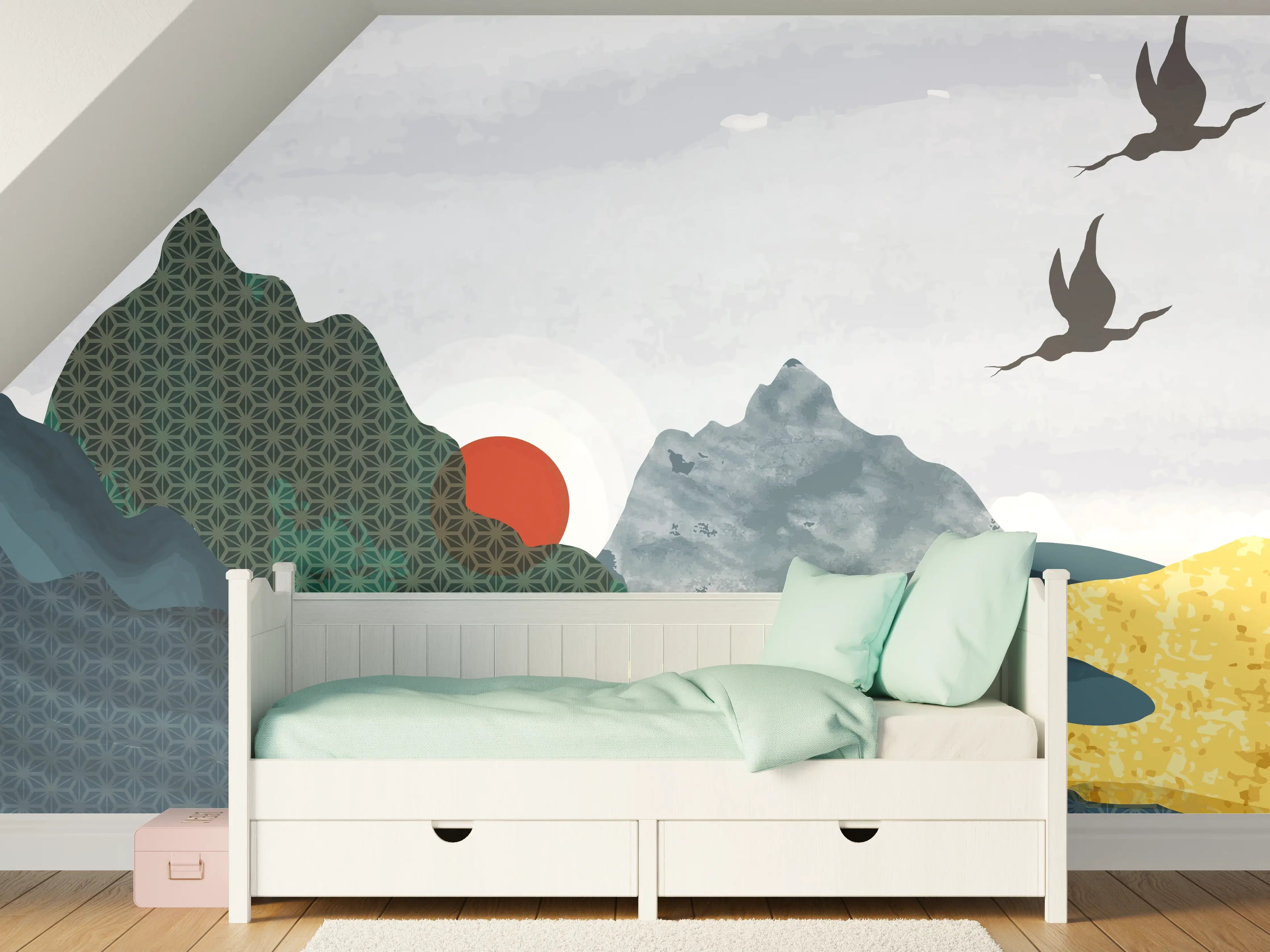 Kinderzimmer Wandgestaltung - Stilvolle Berglandschaft bei Sonnenuntergang