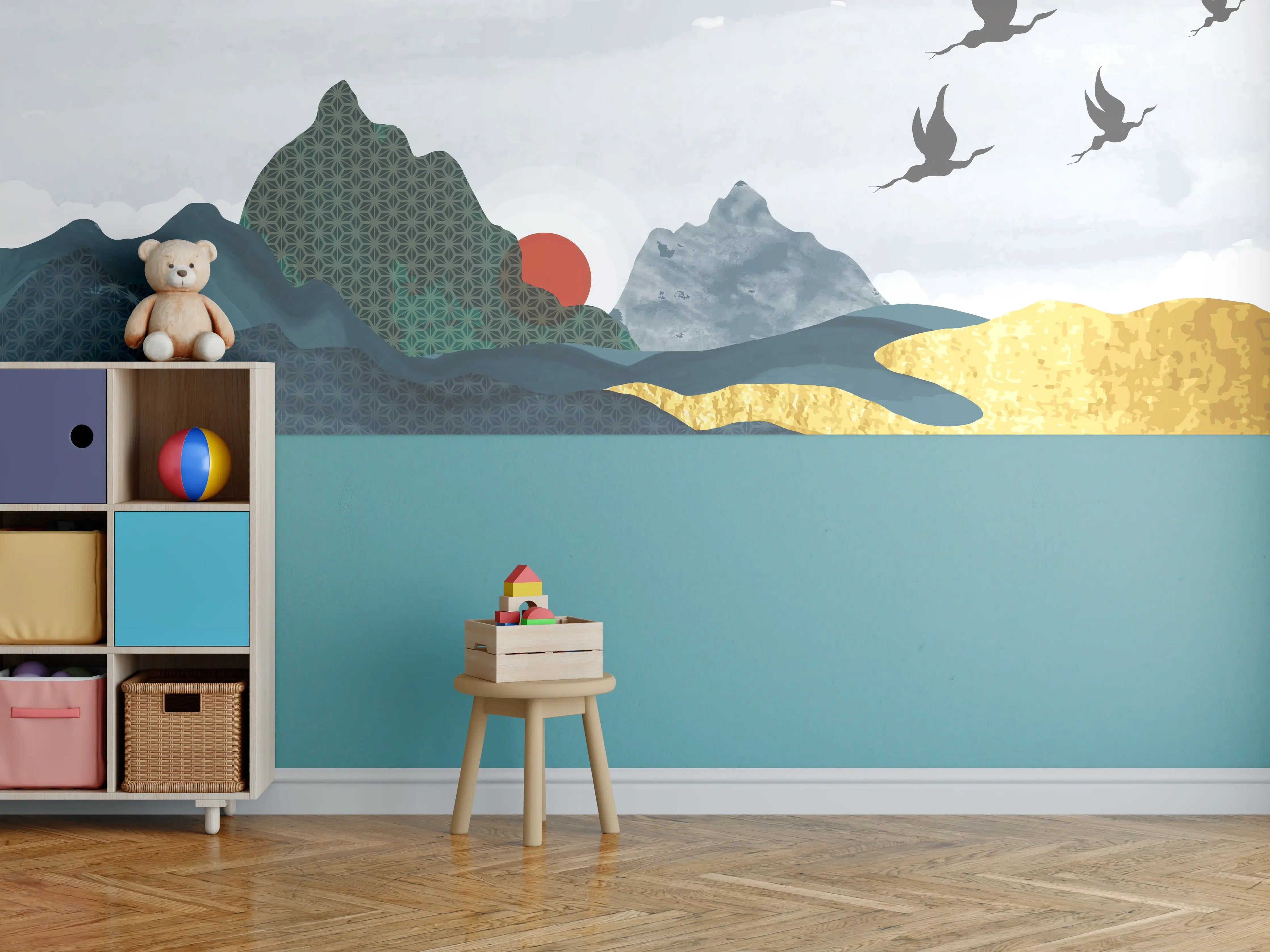 Kinderzimmer Wandgestaltung - Stilvolle Berglandschaft bei Sonnenuntergang