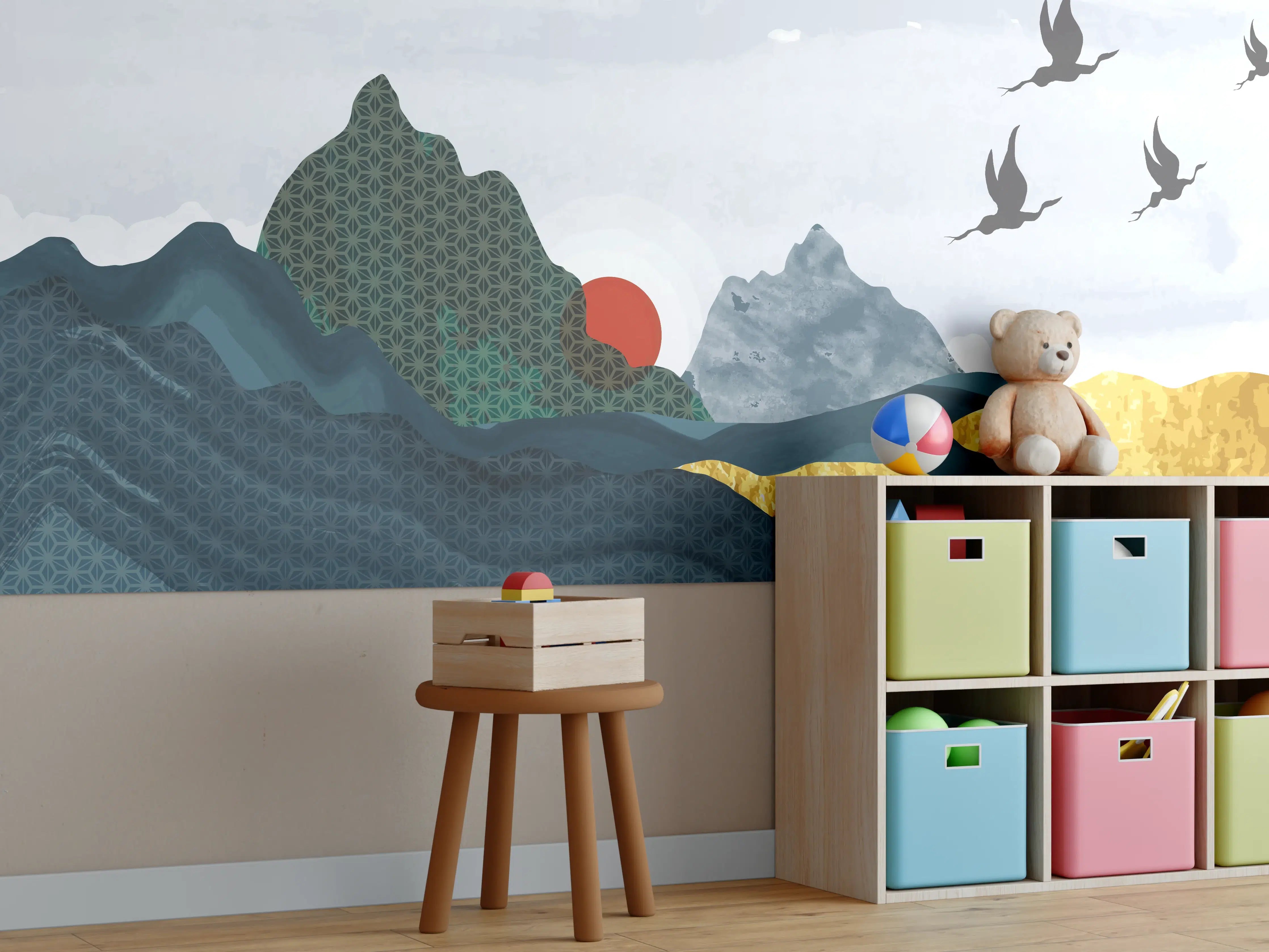 Kinderzimmer Wandgestaltung - Stilvolle Berglandschaft bei Sonnenuntergang