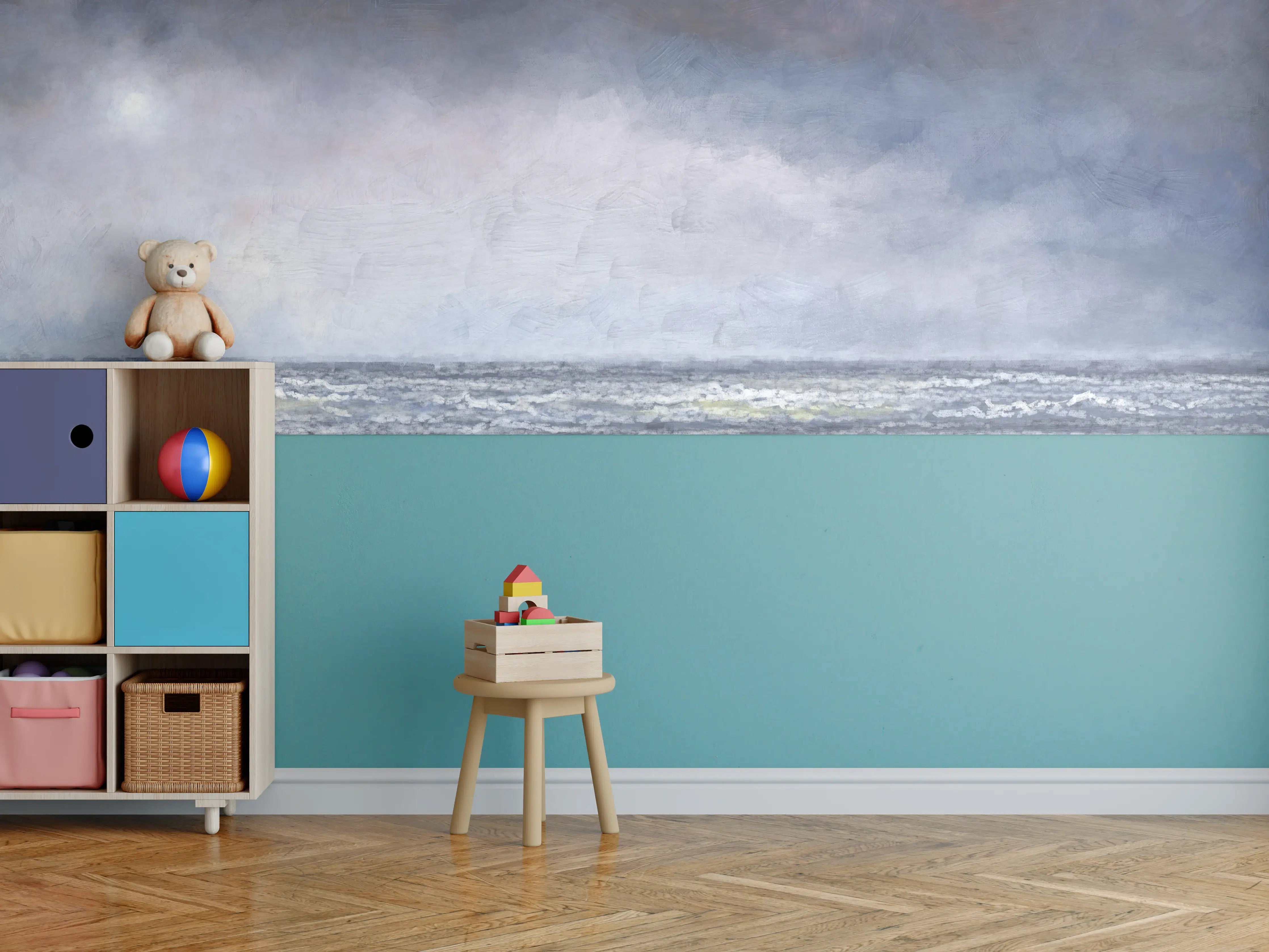 Kinderzimmer Wandgestaltung - Stimmungsvoller Himmel über Meer mit Grau- und Blautönen