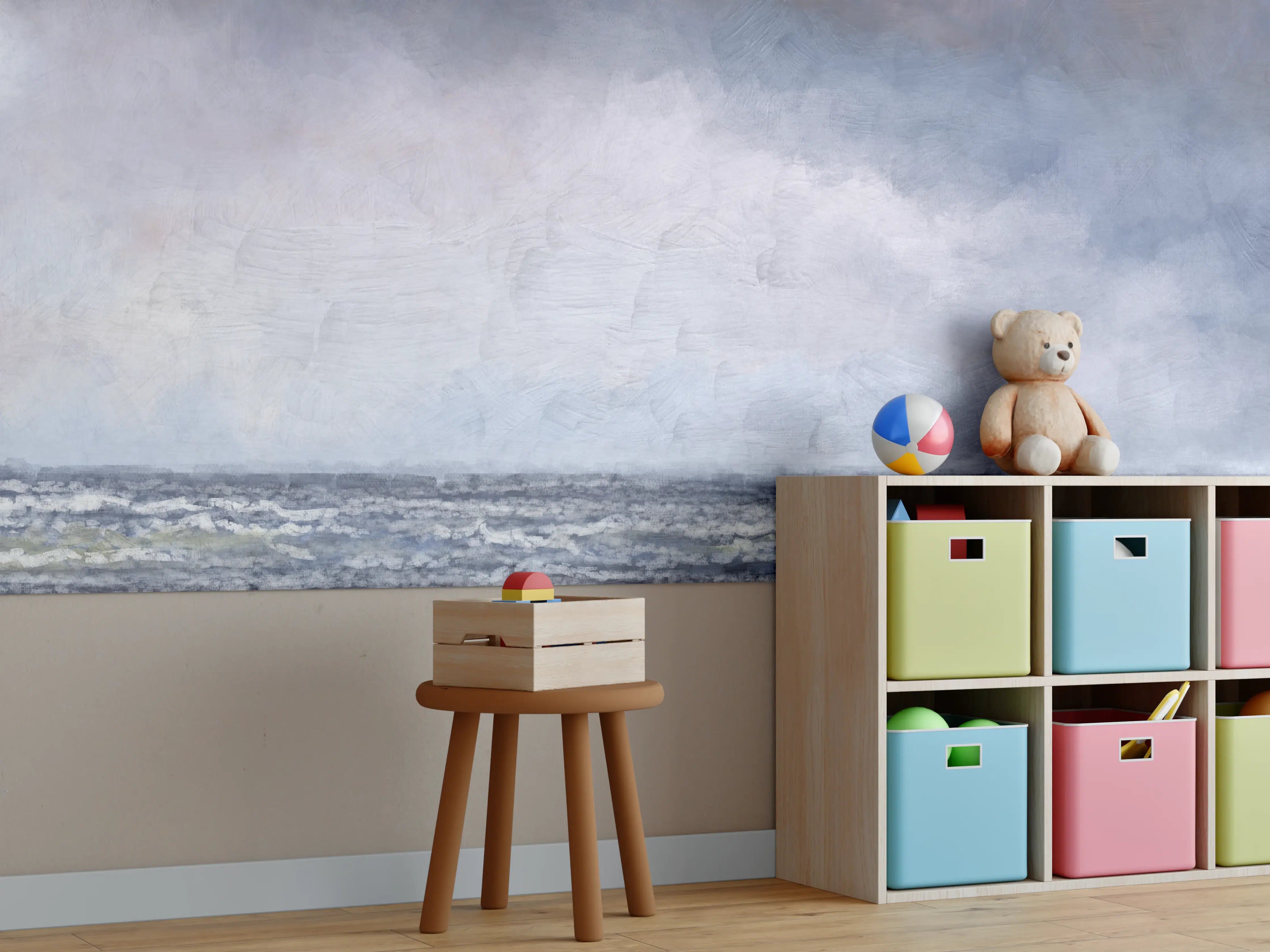 Kinderzimmer Wandgestaltung - Stimmungsvoller Himmel über Meer mit Grau- und Blautönen