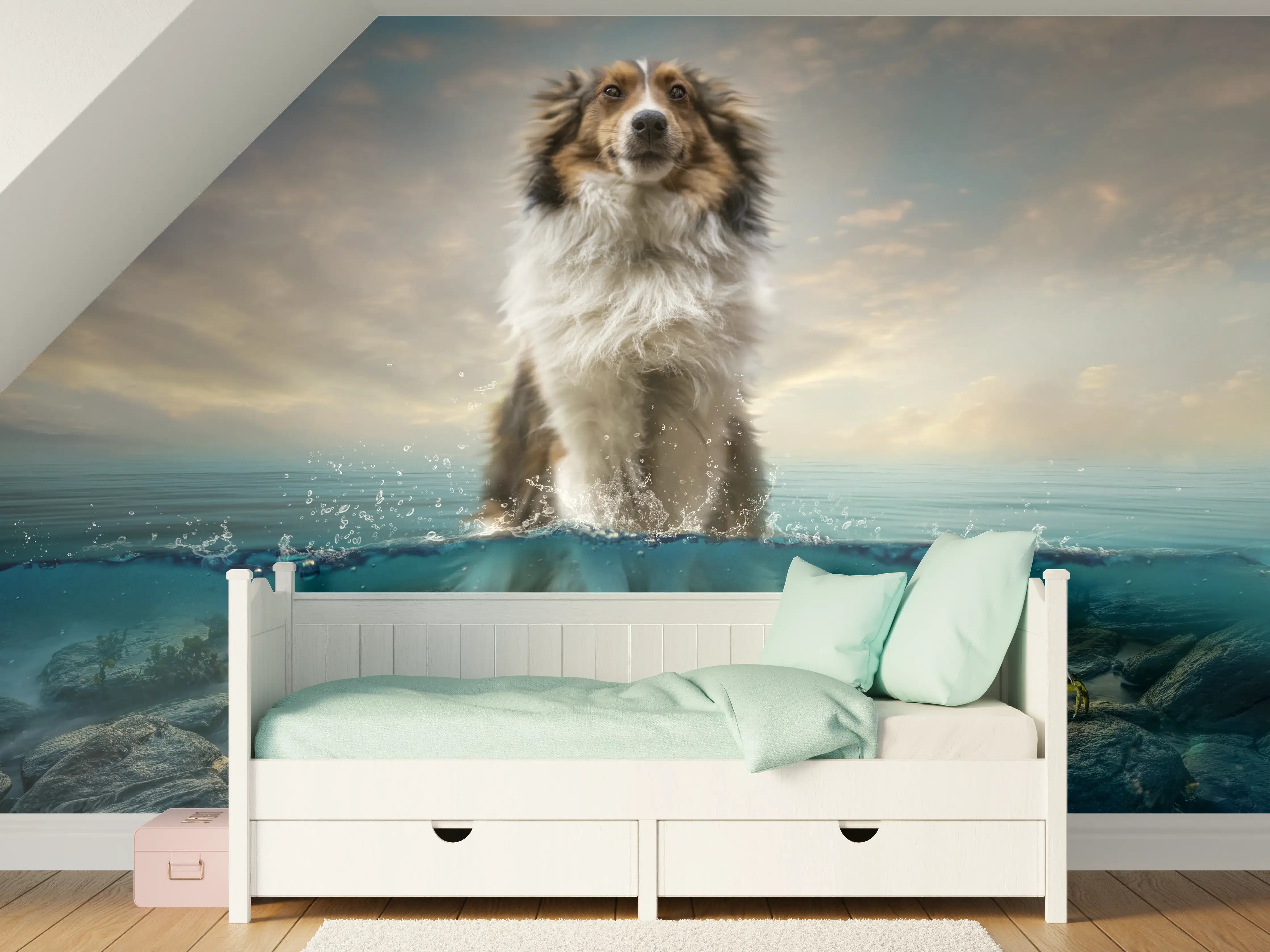 Kinderzimmer Wandgestaltung - Stolzer Shetland-Schäferhund im Wasser