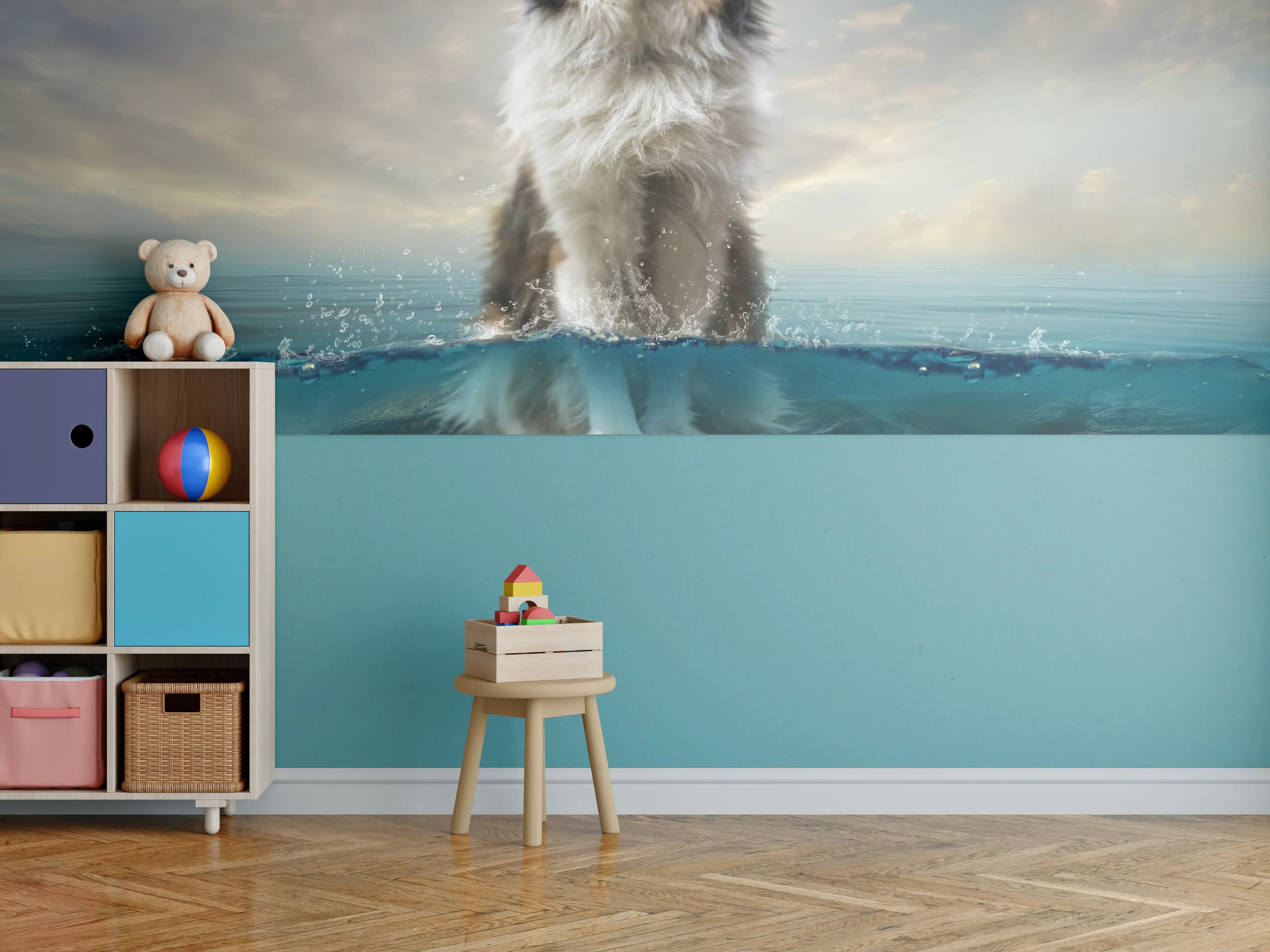 Kinderzimmer Wandgestaltung - Stolzer Shetland-Schäferhund im Wasser