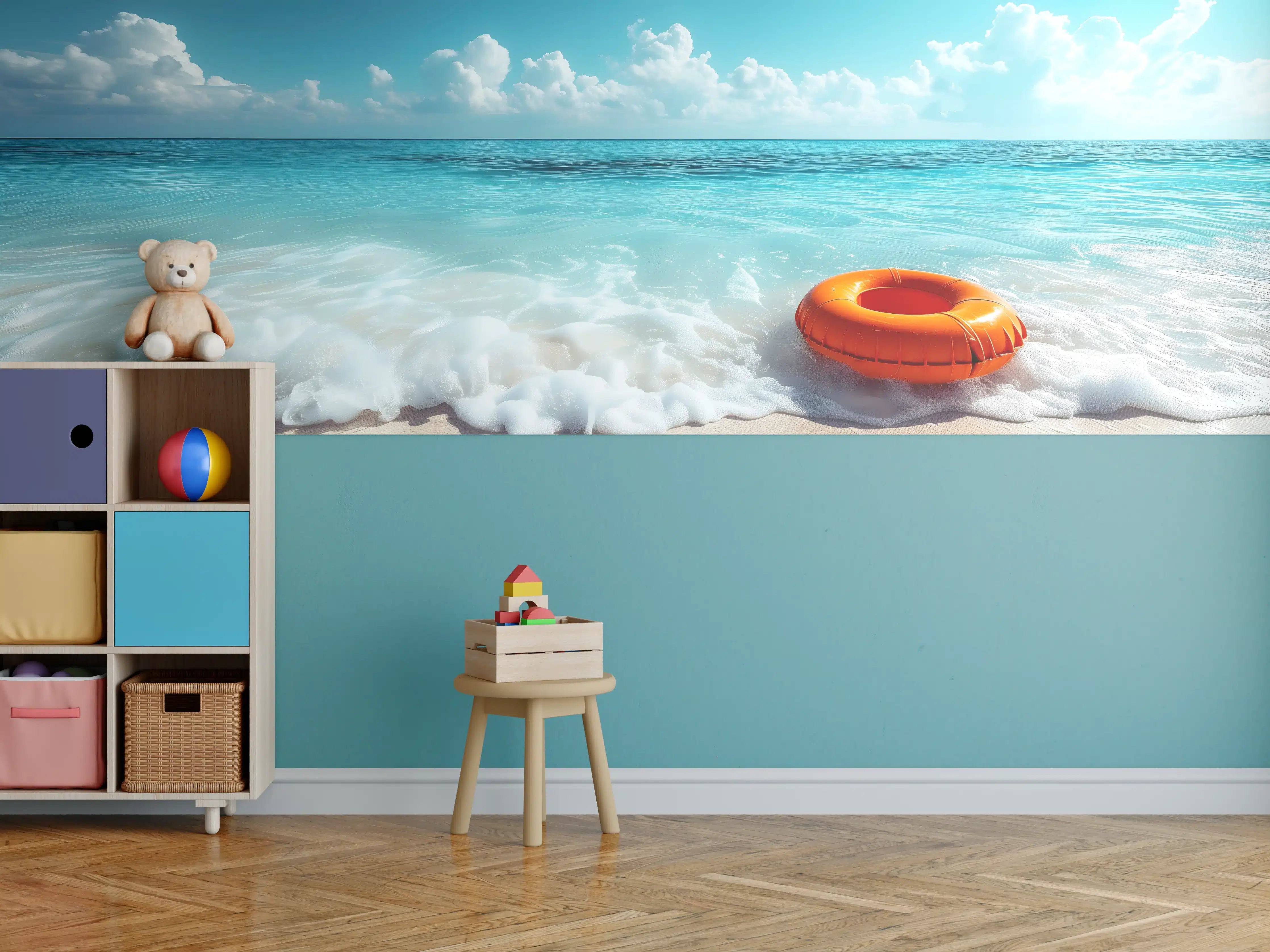 Kinderzimmer Wandgestaltung - Strand mit orangefarbener Schwimmringe