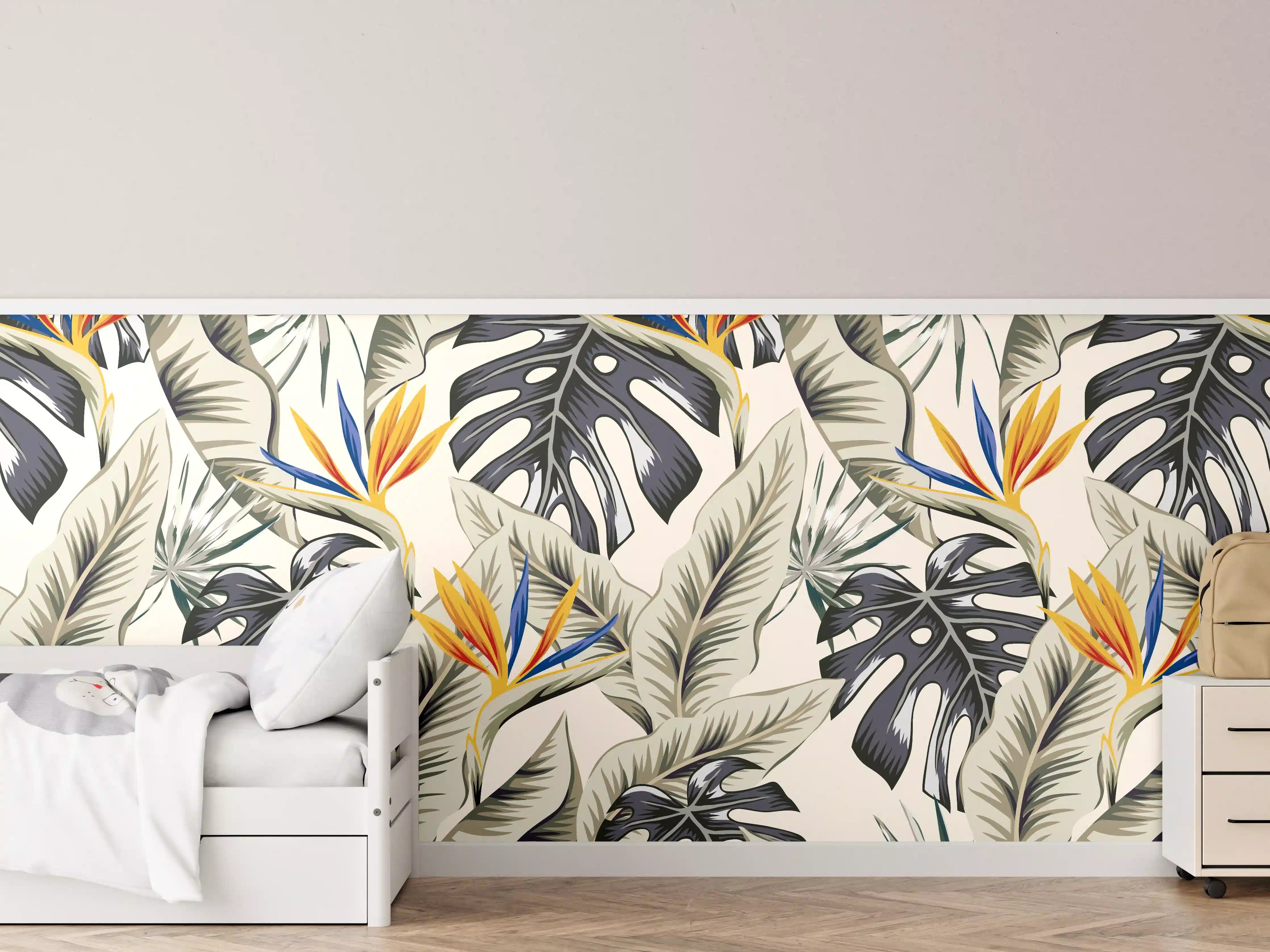 Kinderzimmer Wandgestaltung - Strelitzia Tropenblätter Beige-Orange