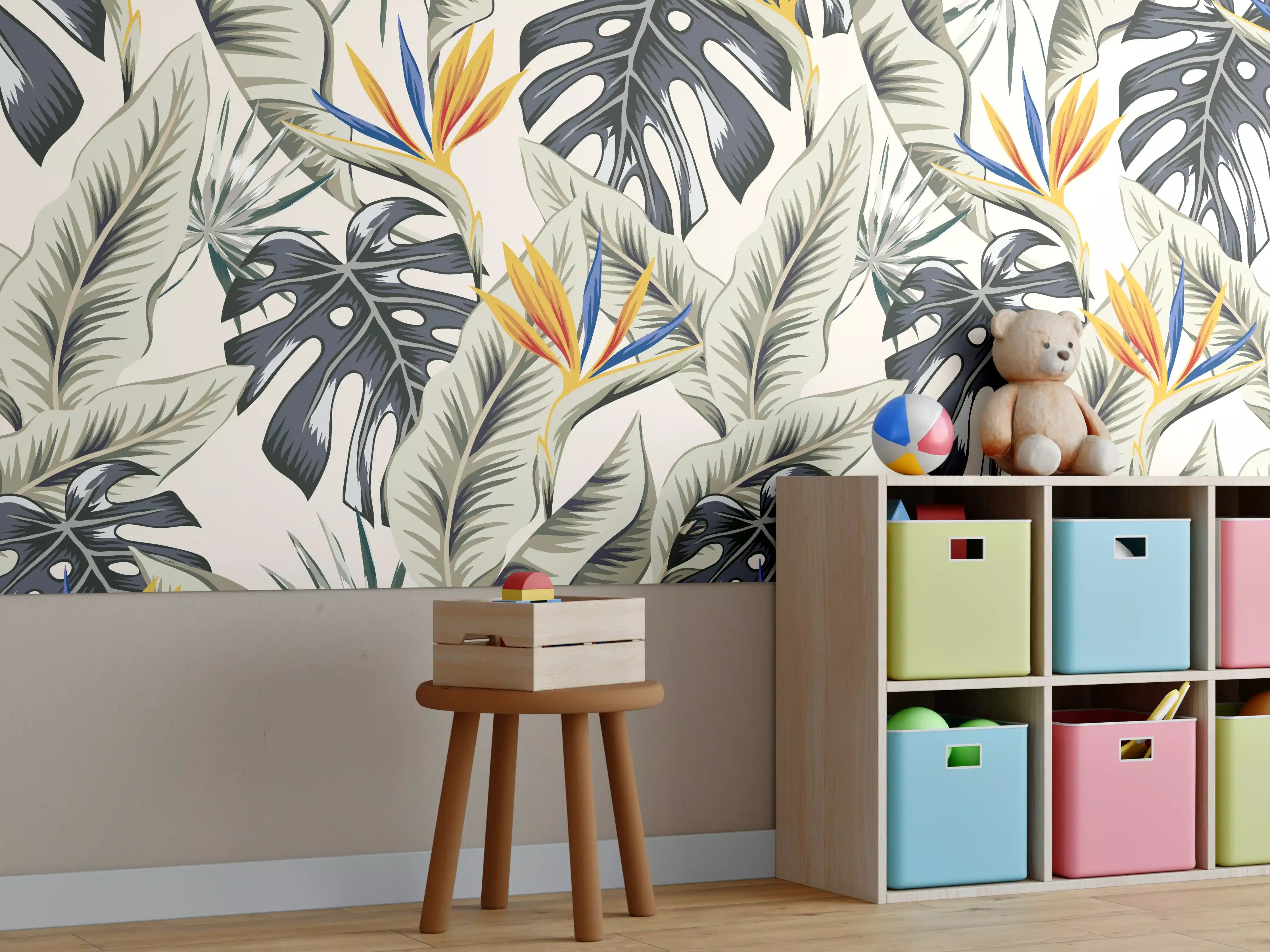 Kinderzimmer Wandgestaltung - Strelitzia Tropenblätter Beige-Orange