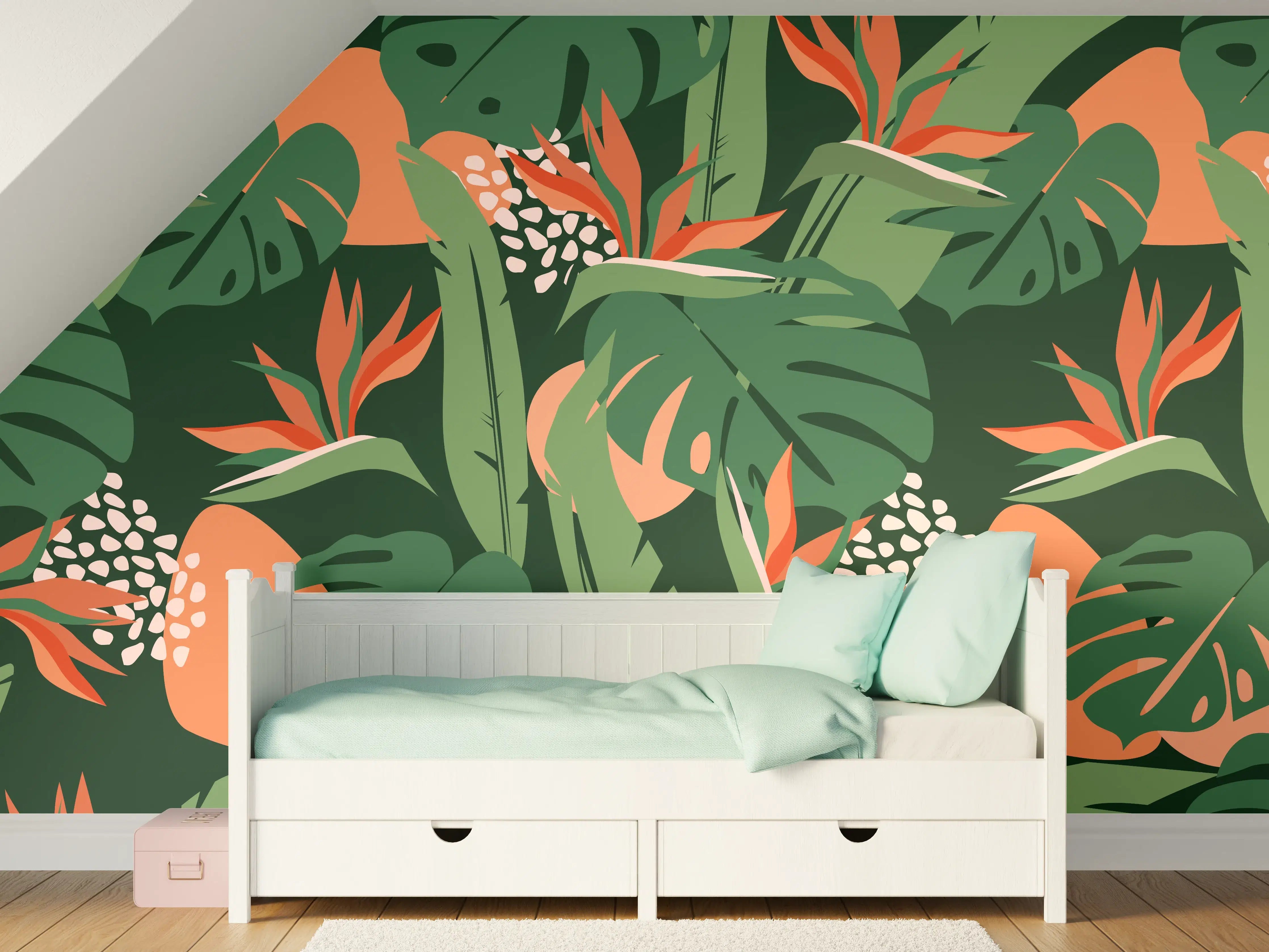 Kinderzimmer Wandgestaltung - Strelitzia Tropenblatt Grün-Orange