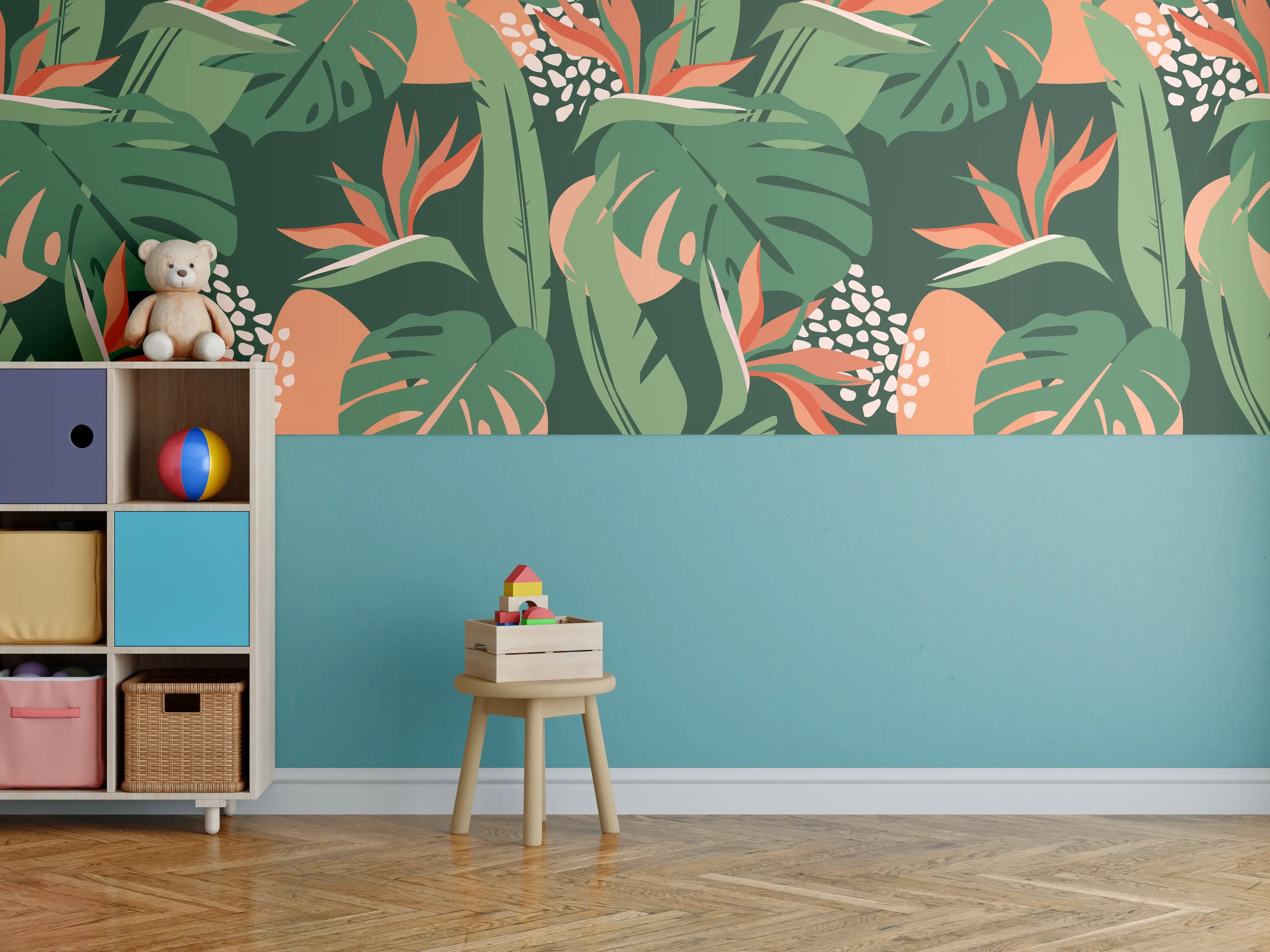 Kinderzimmer Wandgestaltung - Strelitzia Tropenblatt Grün-Orange