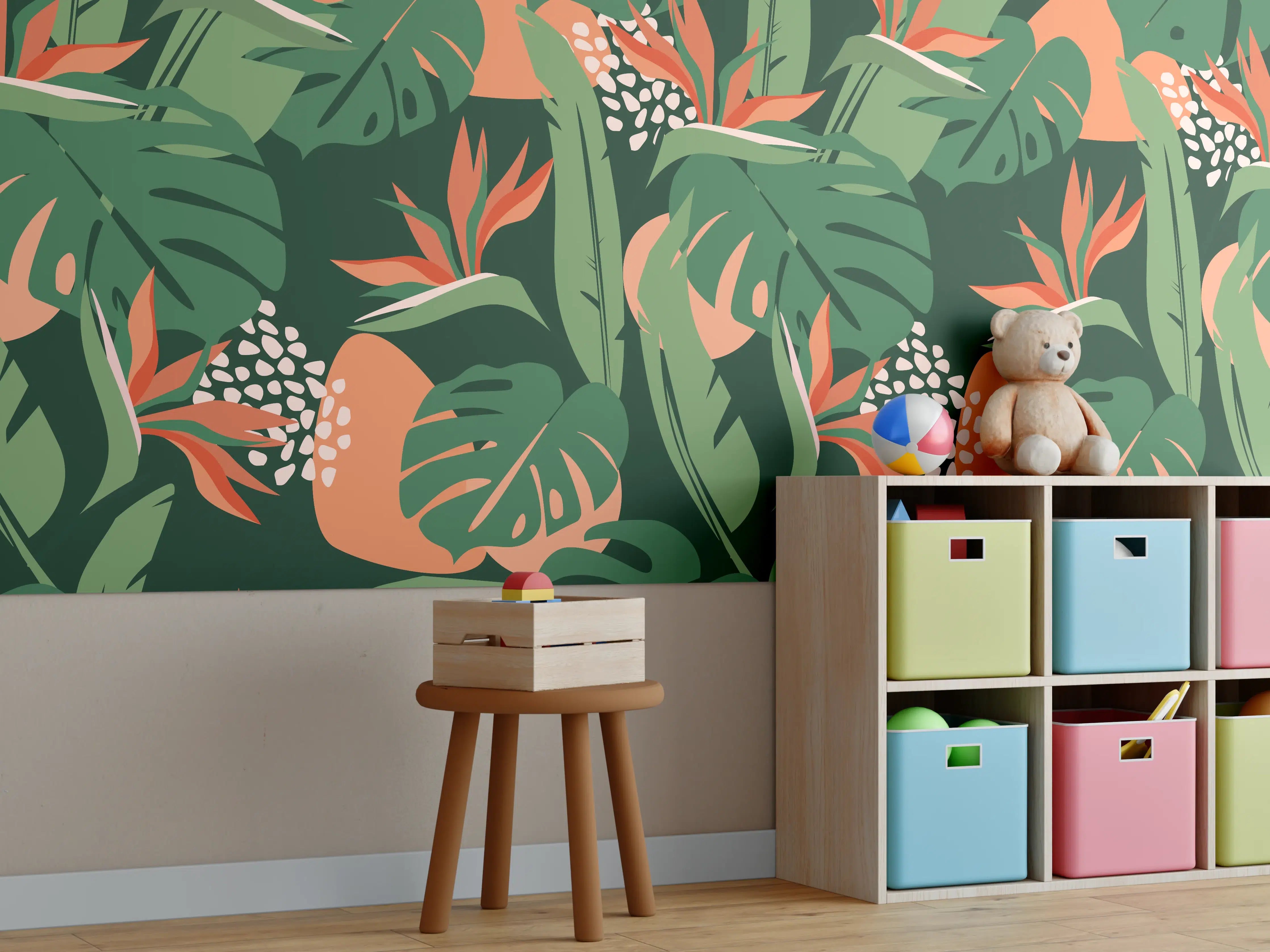 Kinderzimmer Wandgestaltung - Strelitzia Tropenblatt Grün-Orange