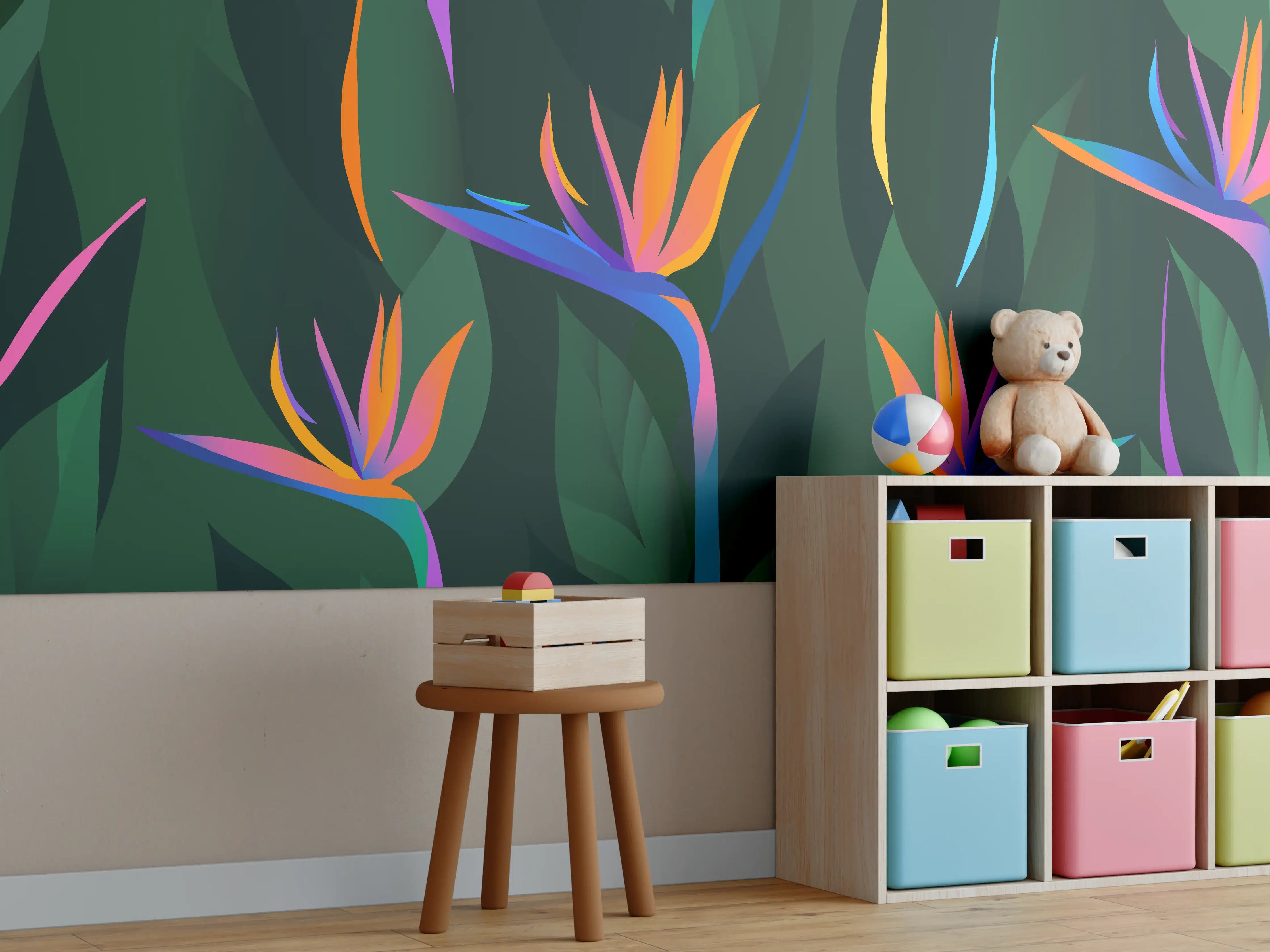 Kinderzimmer Wandgestaltung - Strelitzia Tropic Grün-Orange
