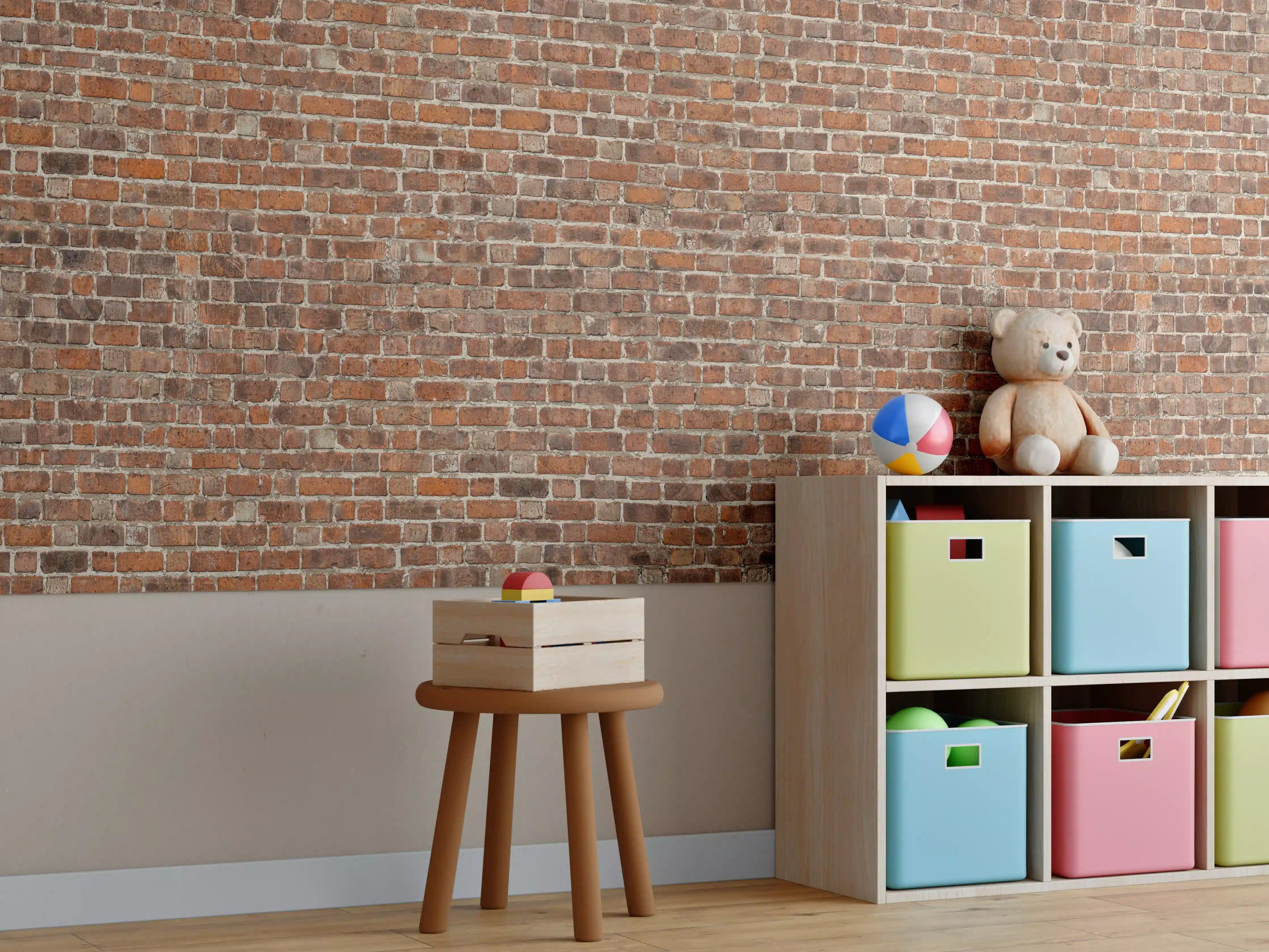 Kinderzimmer Wandgestaltung - Strukturierte Ziegelfassade in warmen Braun- und Rottönen