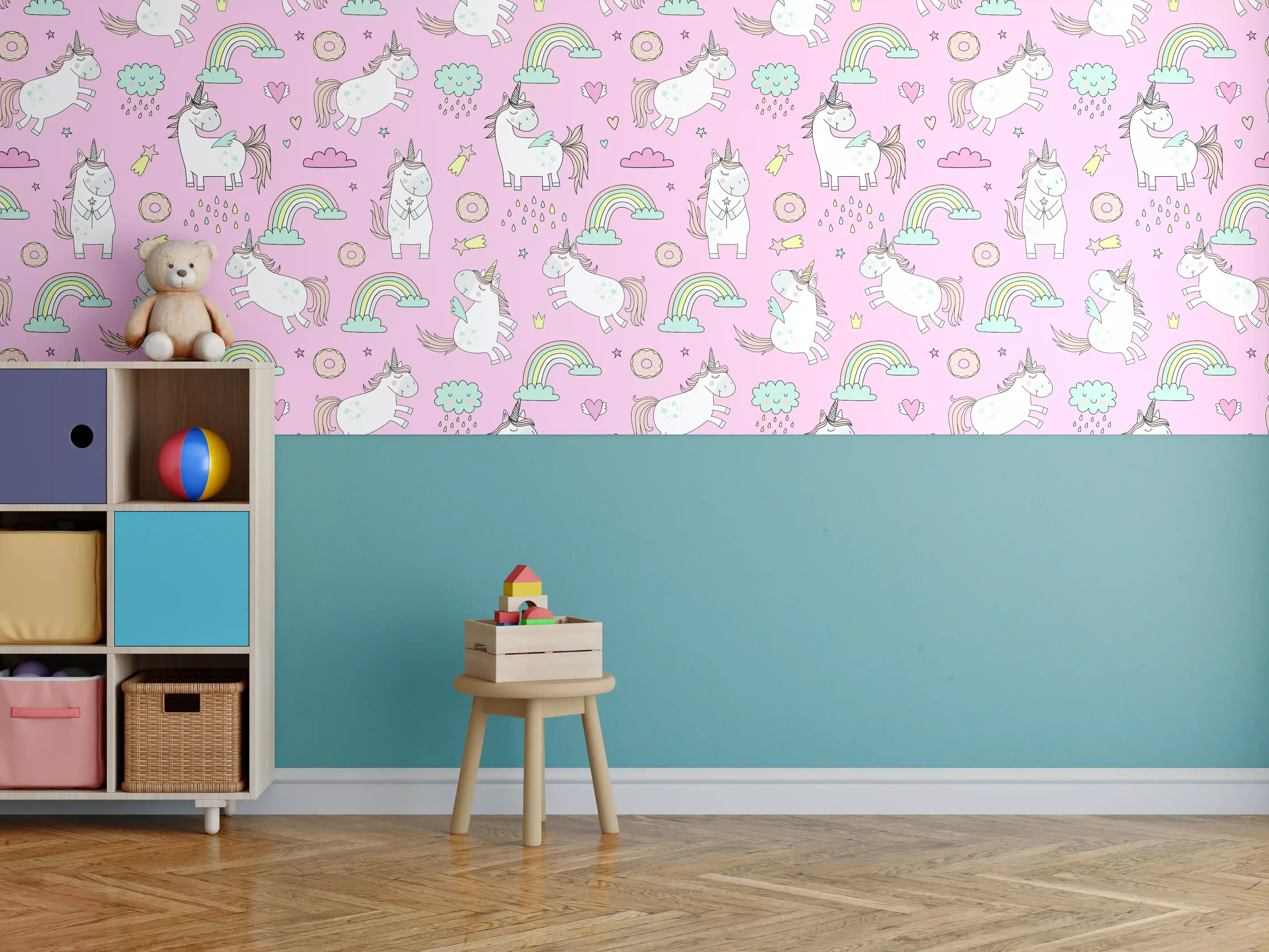 Kinderzimmer Wandgestaltung - Süße Einhorn-Welt mit Regenbögen