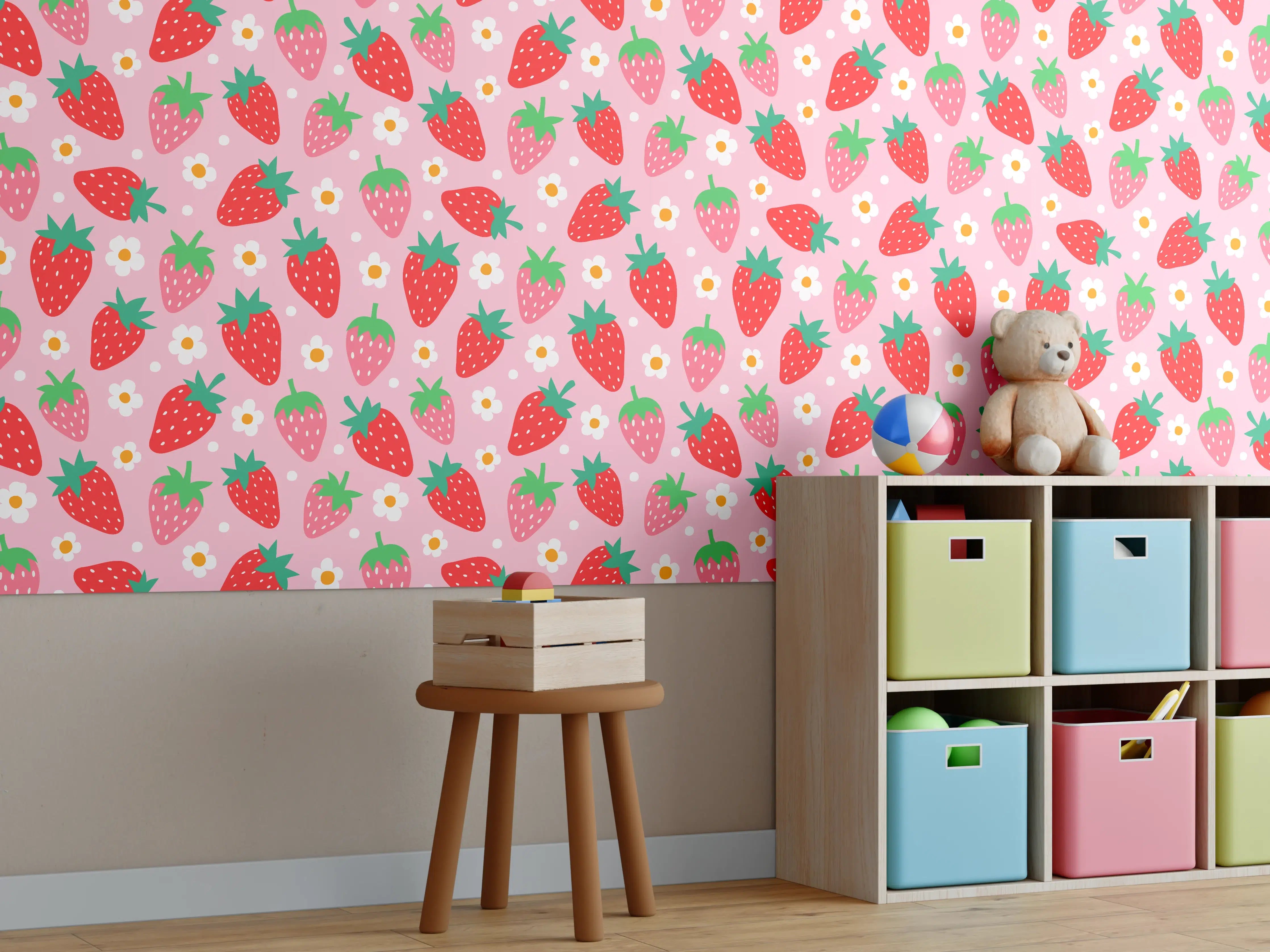 Kinderzimmer Wandgestaltung - Süße Erdbeer und Beeren Muster auf pinkem Hintergrund