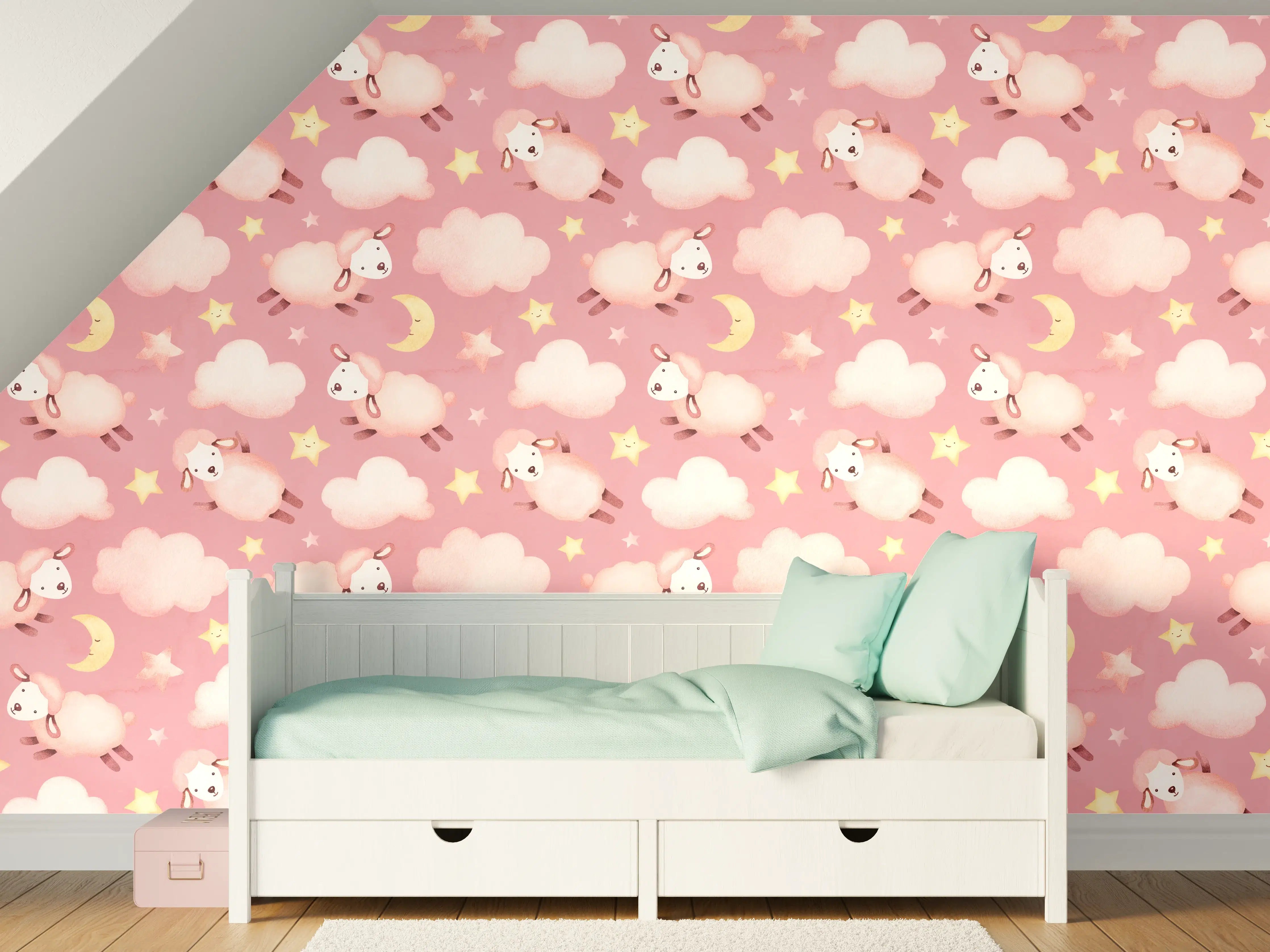 Kinderzimmer Wandgestaltung - Süßes Einhorn-Motiv mit rosa Himmel