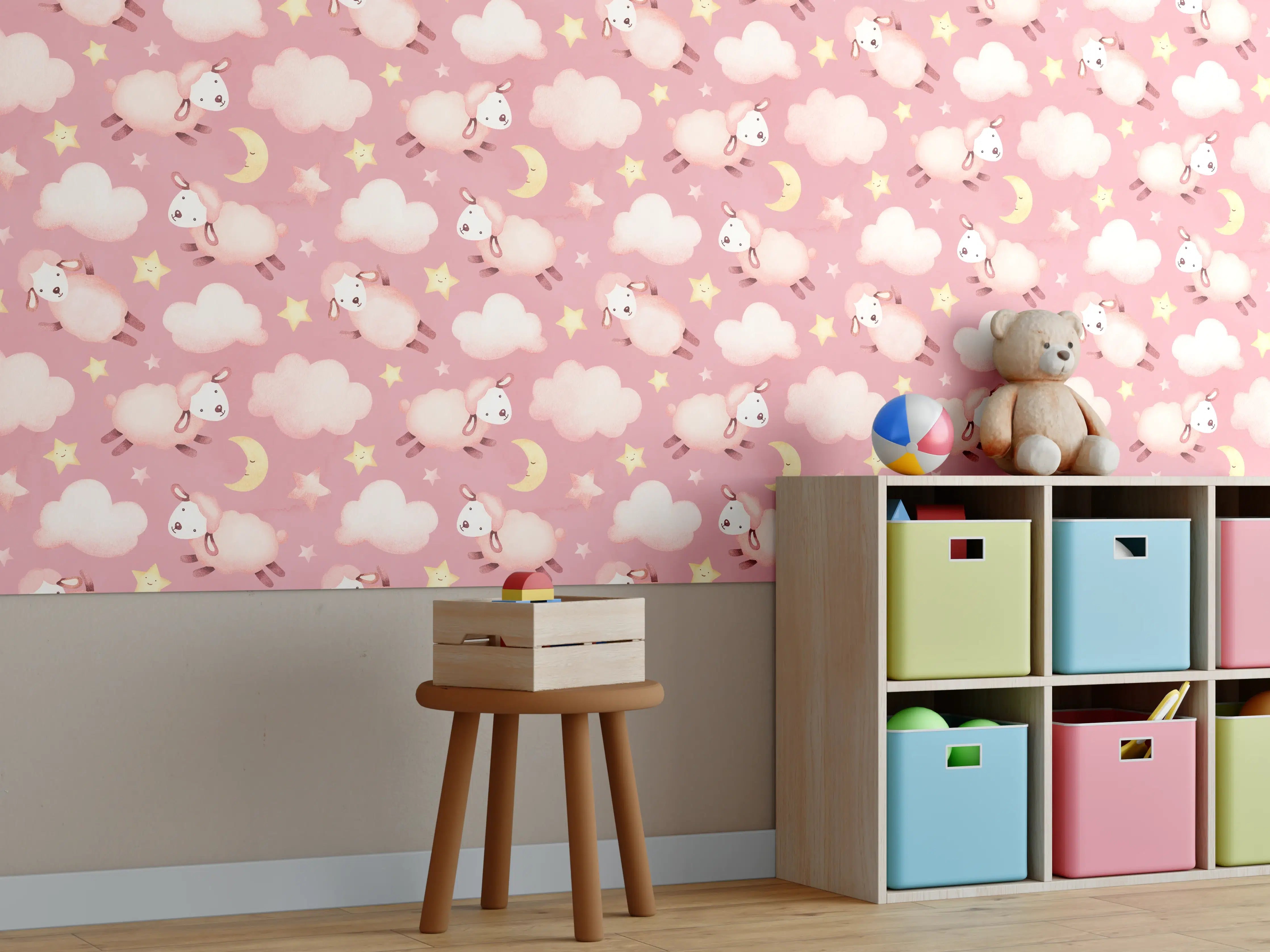 Kinderzimmer Wandgestaltung - Süßes Einhorn-Motiv mit rosa Himmel