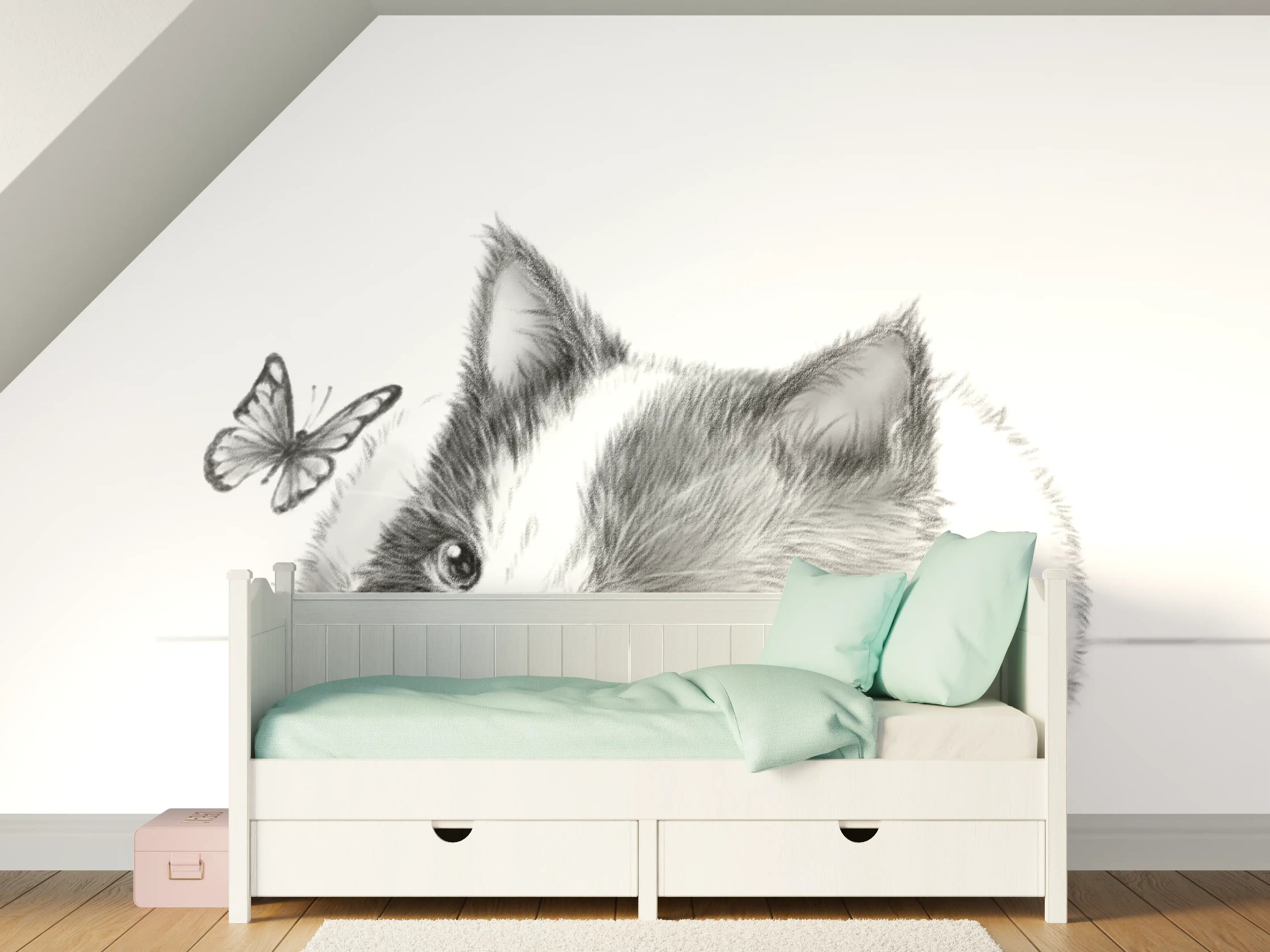 Kinderzimmer Wandgestaltung - Süßes Katzenbaby mit Schmetterling