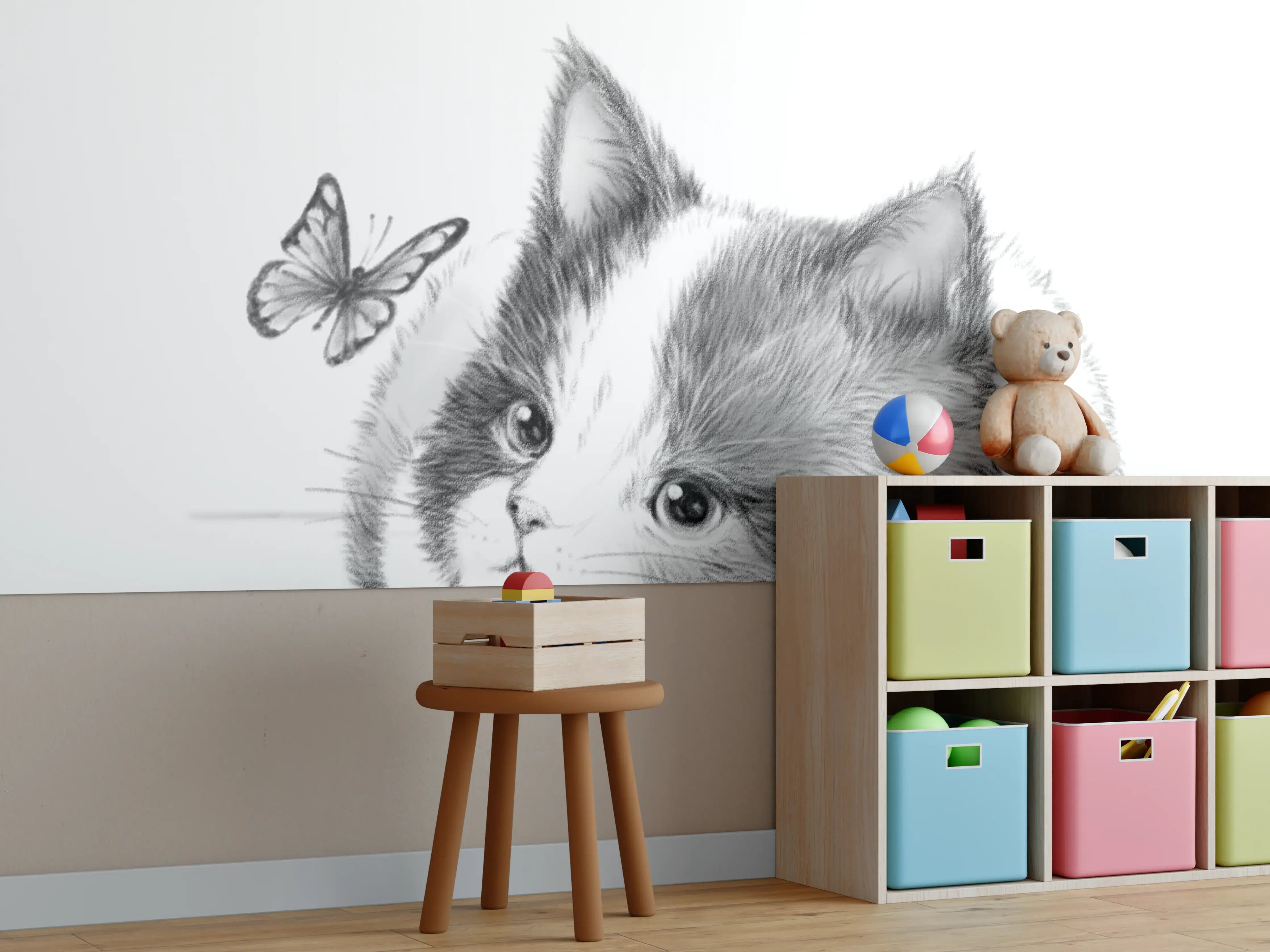 Kinderzimmer Wandgestaltung - Süßes Katzenbaby mit Schmetterling