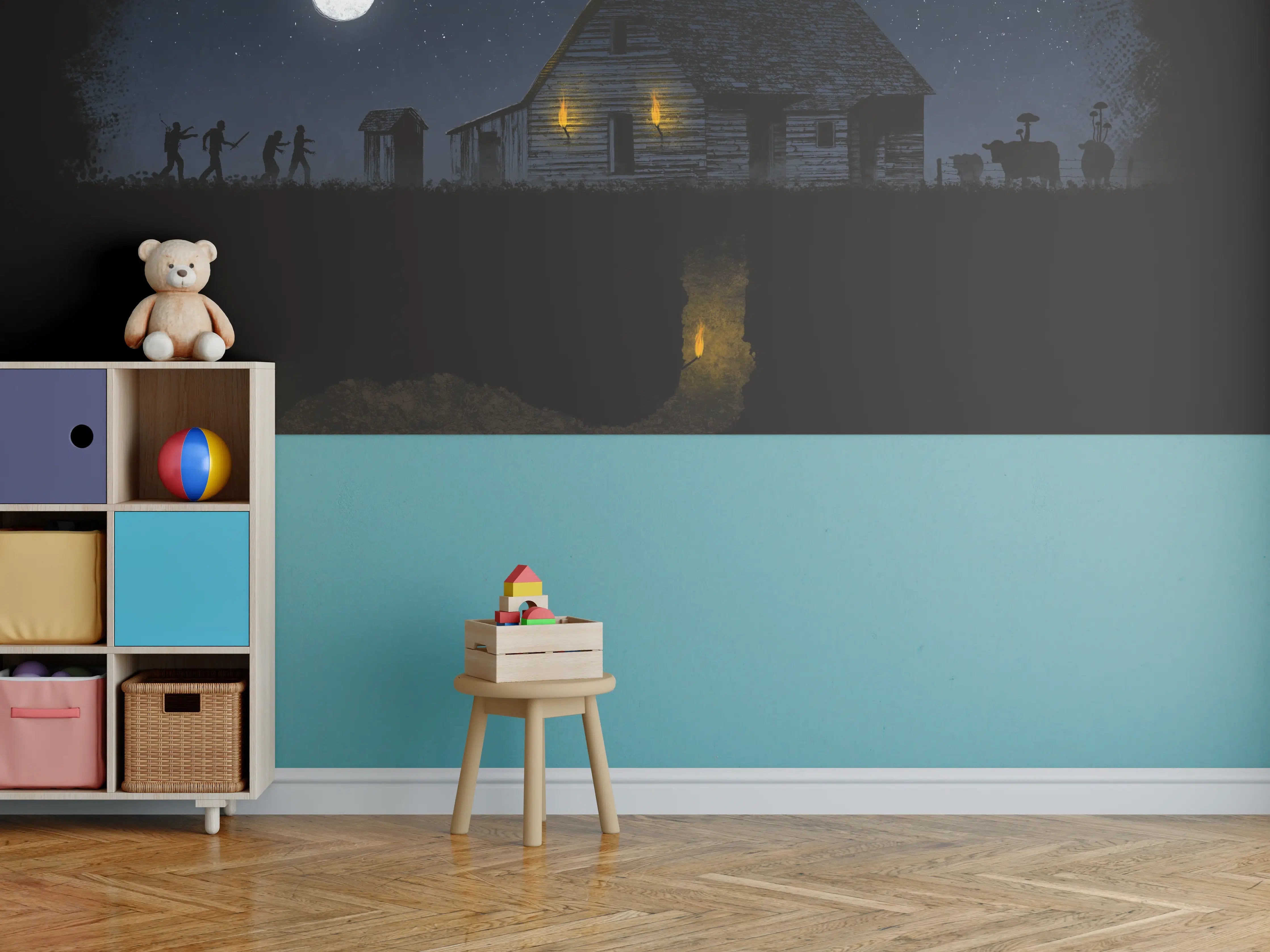 Kinderzimmer Wandgestaltung - Surreale Nachthimmel Komposition