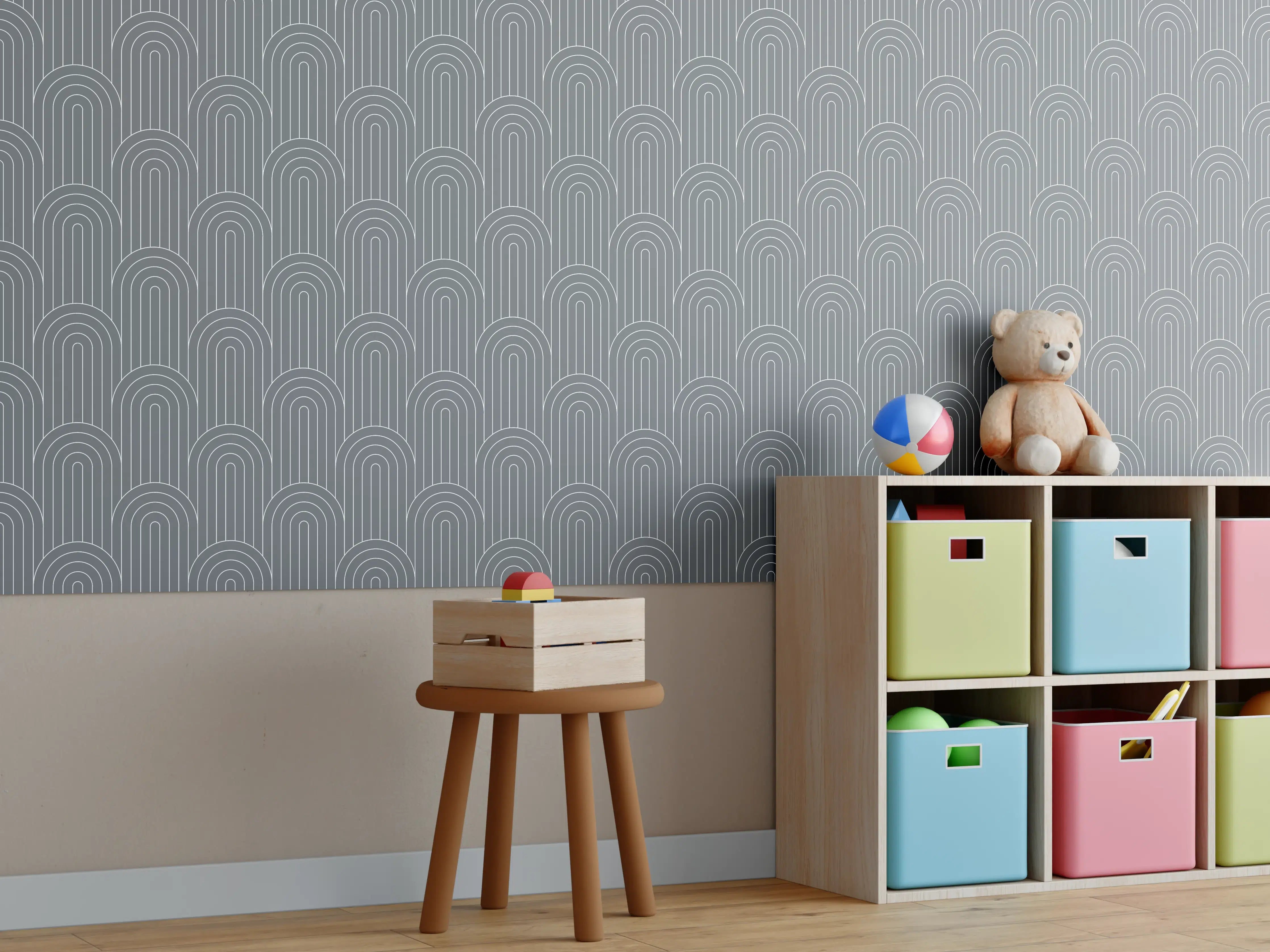 Kinderzimmer Wandgestaltung - Symmetrische Arcaden mit Piombo-Farbenspiel