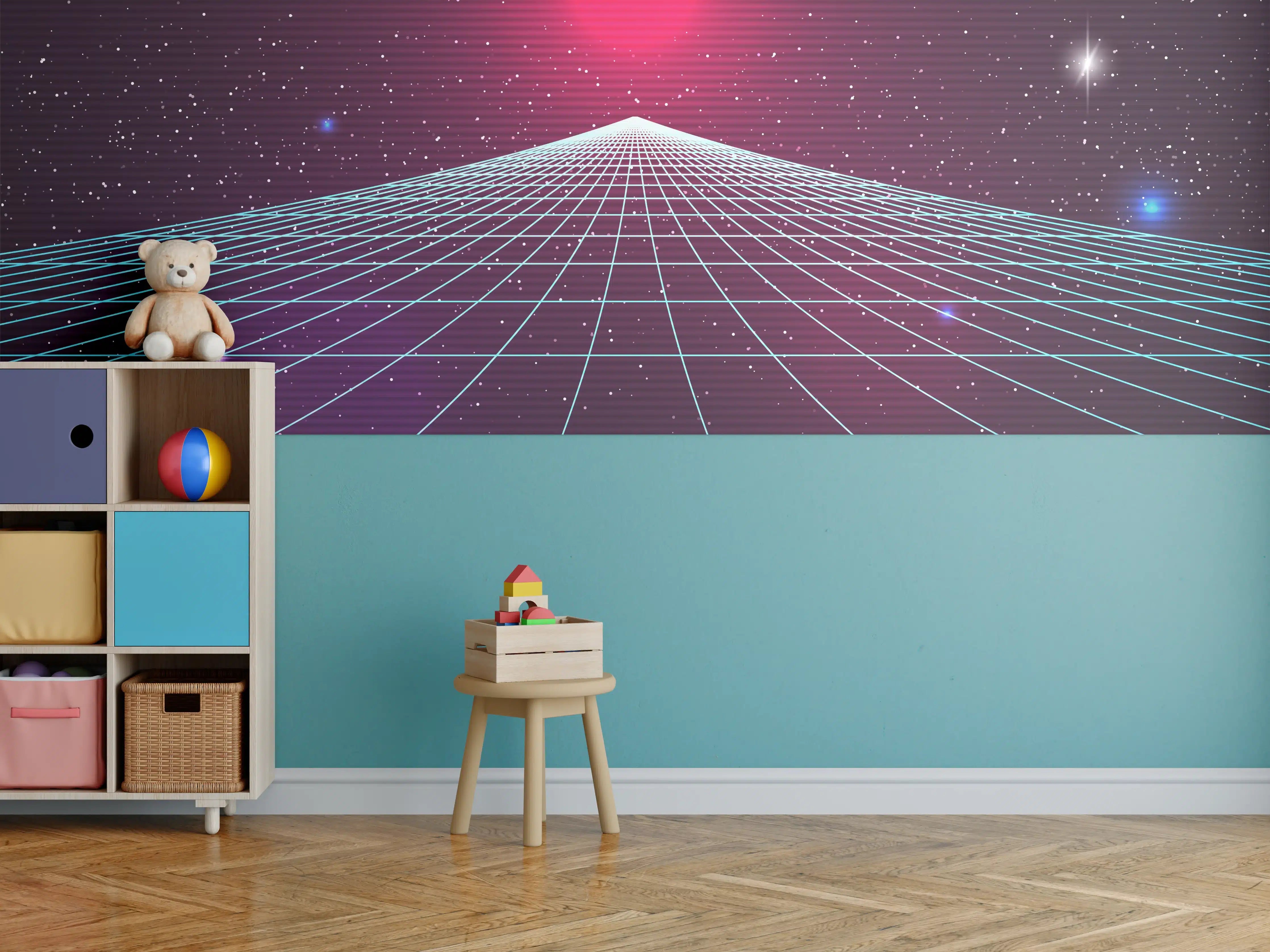 Kinderzimmer Wandgestaltung - Synthwave Sonnenuntergang Retro