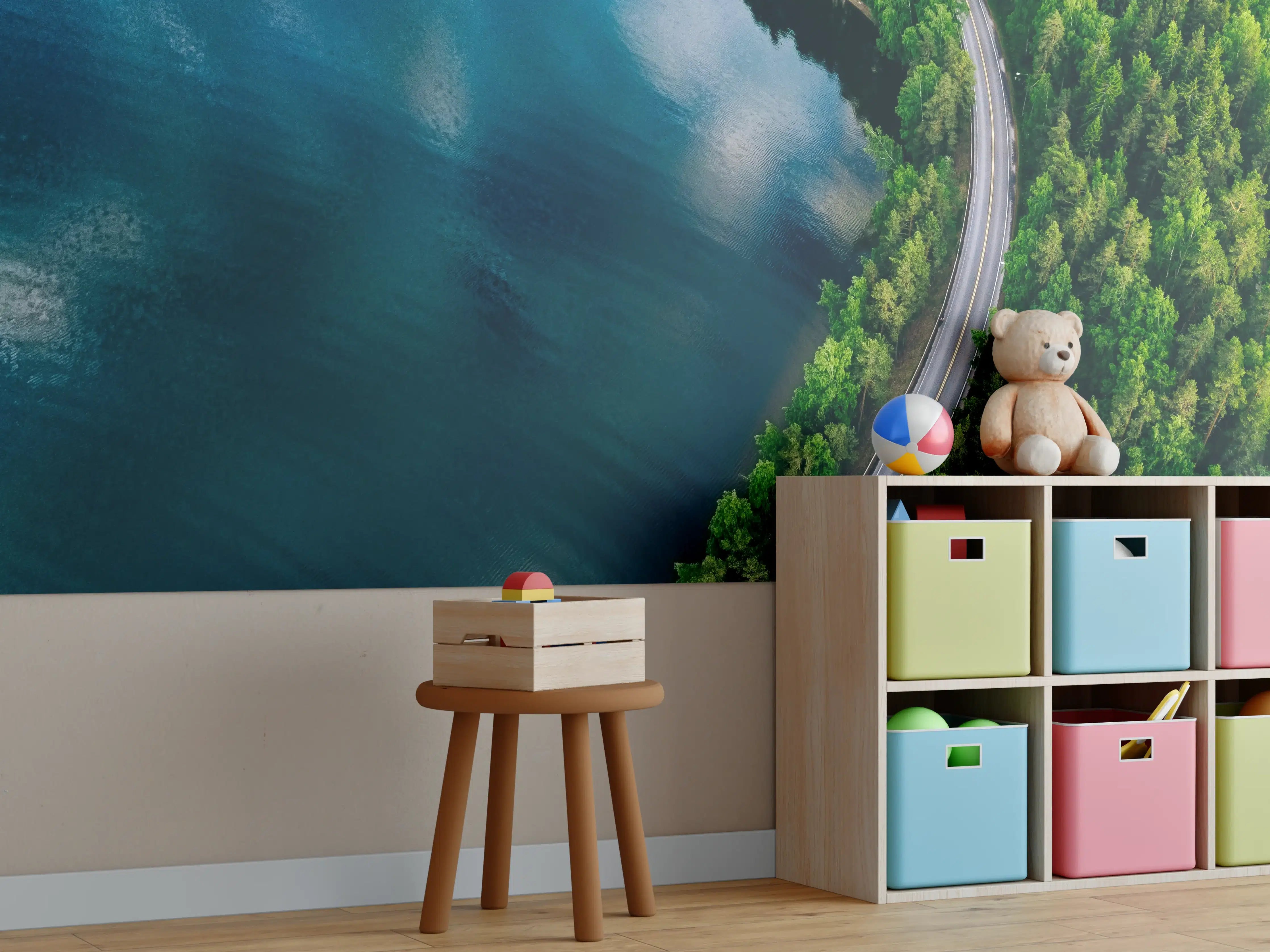 Kinderzimmer Wandgestaltung - Szenischer Wasserblick mit Waldpfad