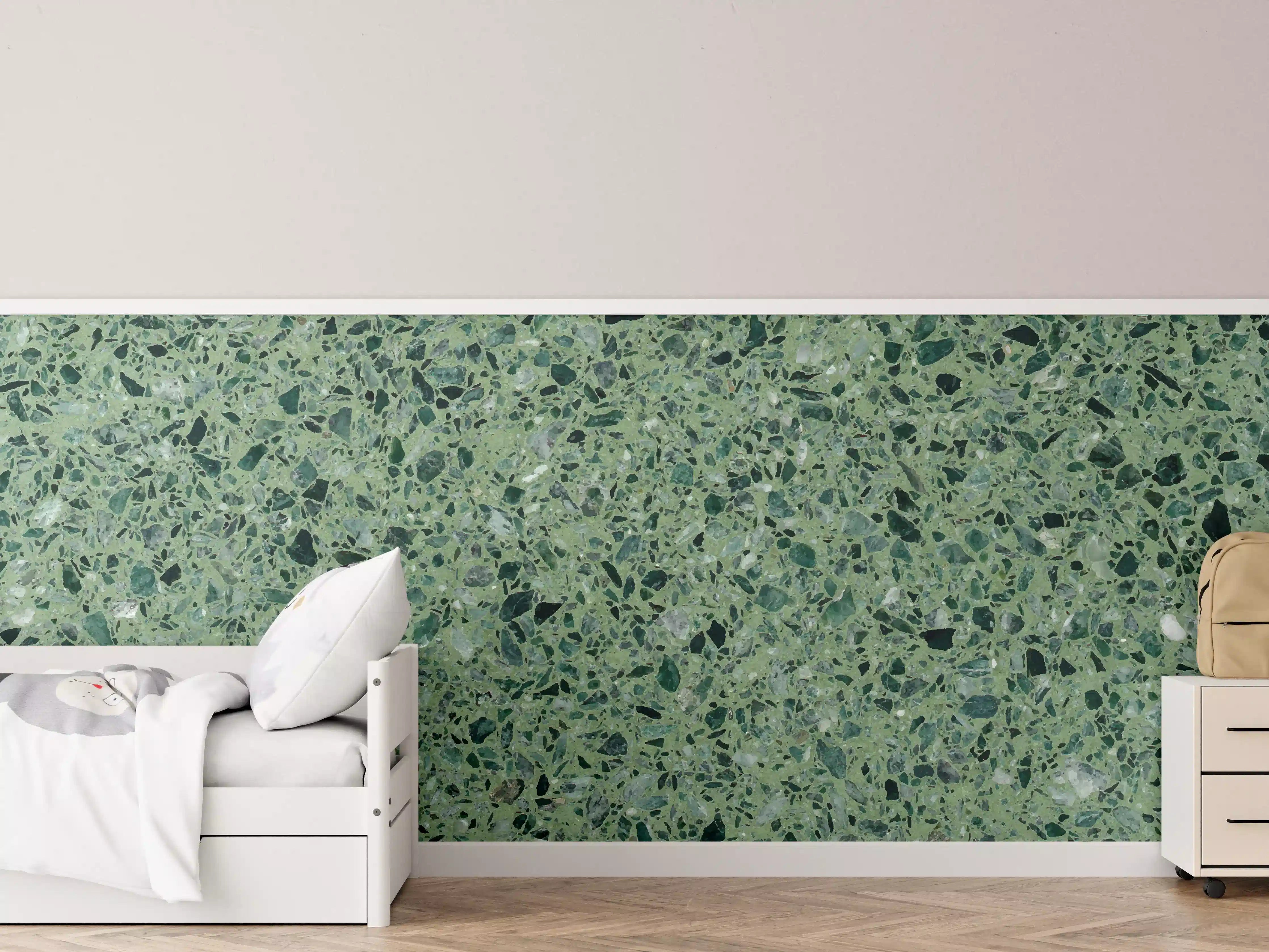 Kinderzimmer Wandgestaltung - Terrazzo Textur auf türkisem Hintergrund
