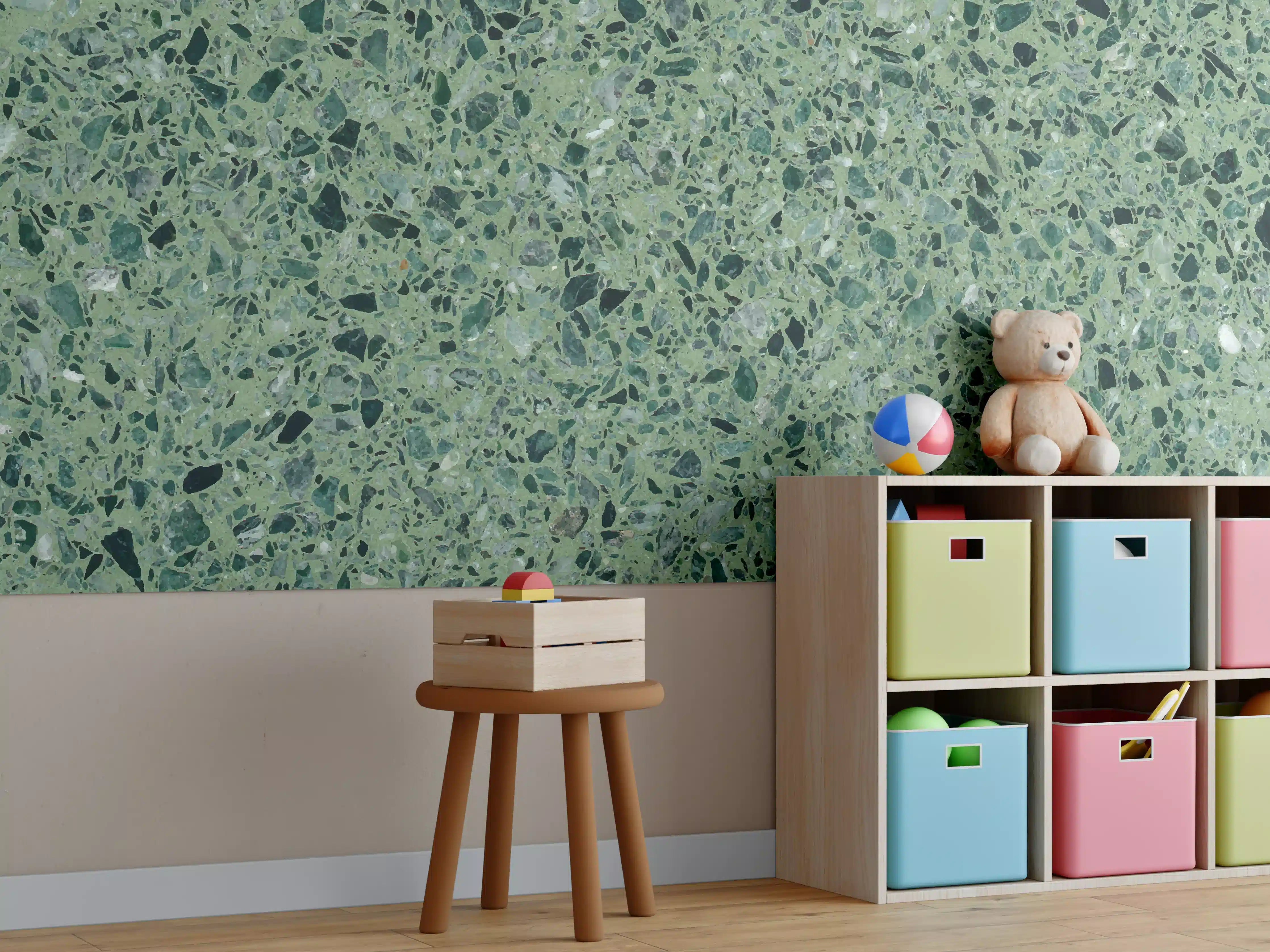 Kinderzimmer Wandgestaltung - Terrazzo Textur auf türkisem Hintergrund
