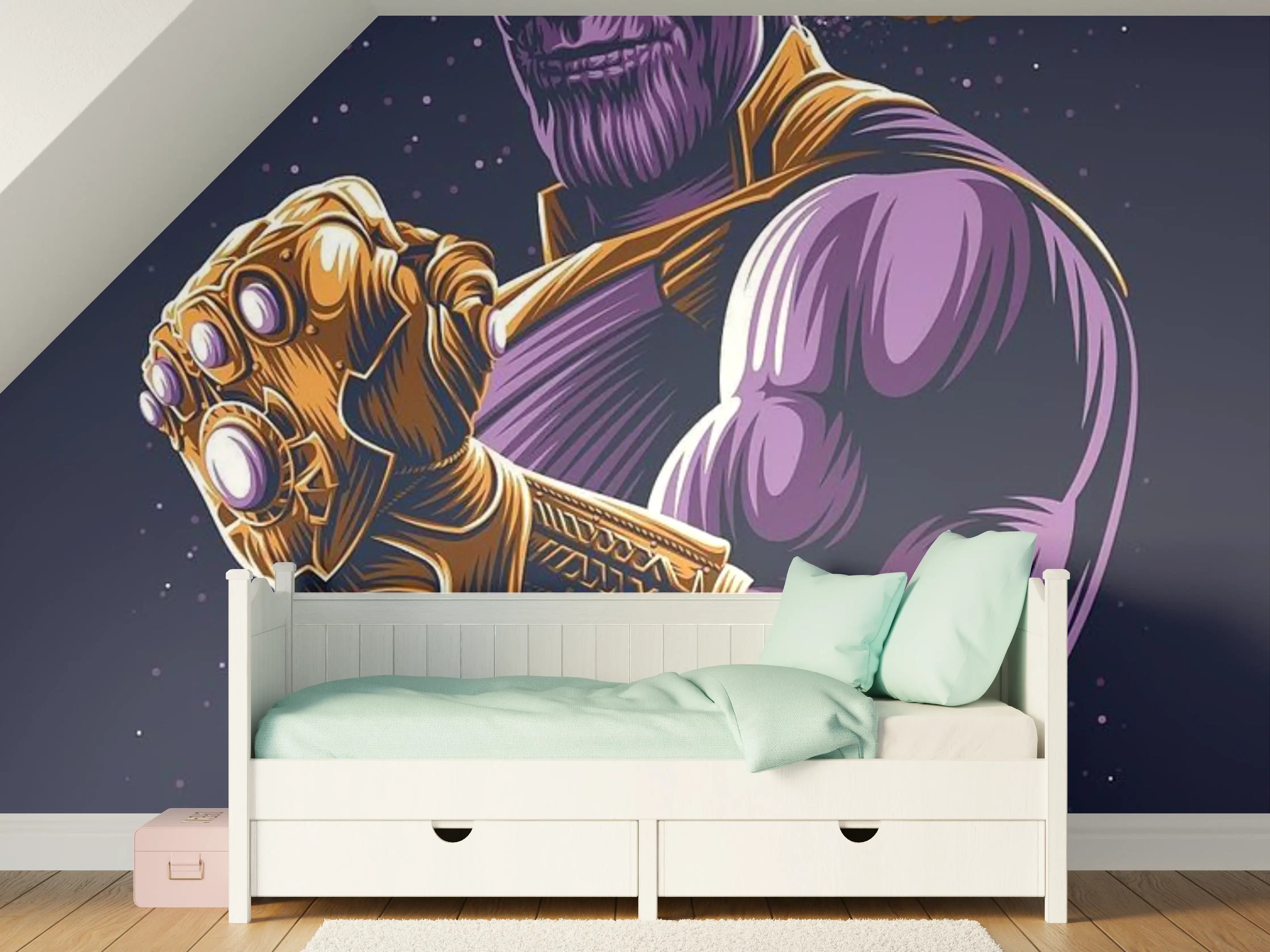 Kinderzimmer Wandgestaltung - Thanos in Comic-Ästhetik mit Infinity-Steinen