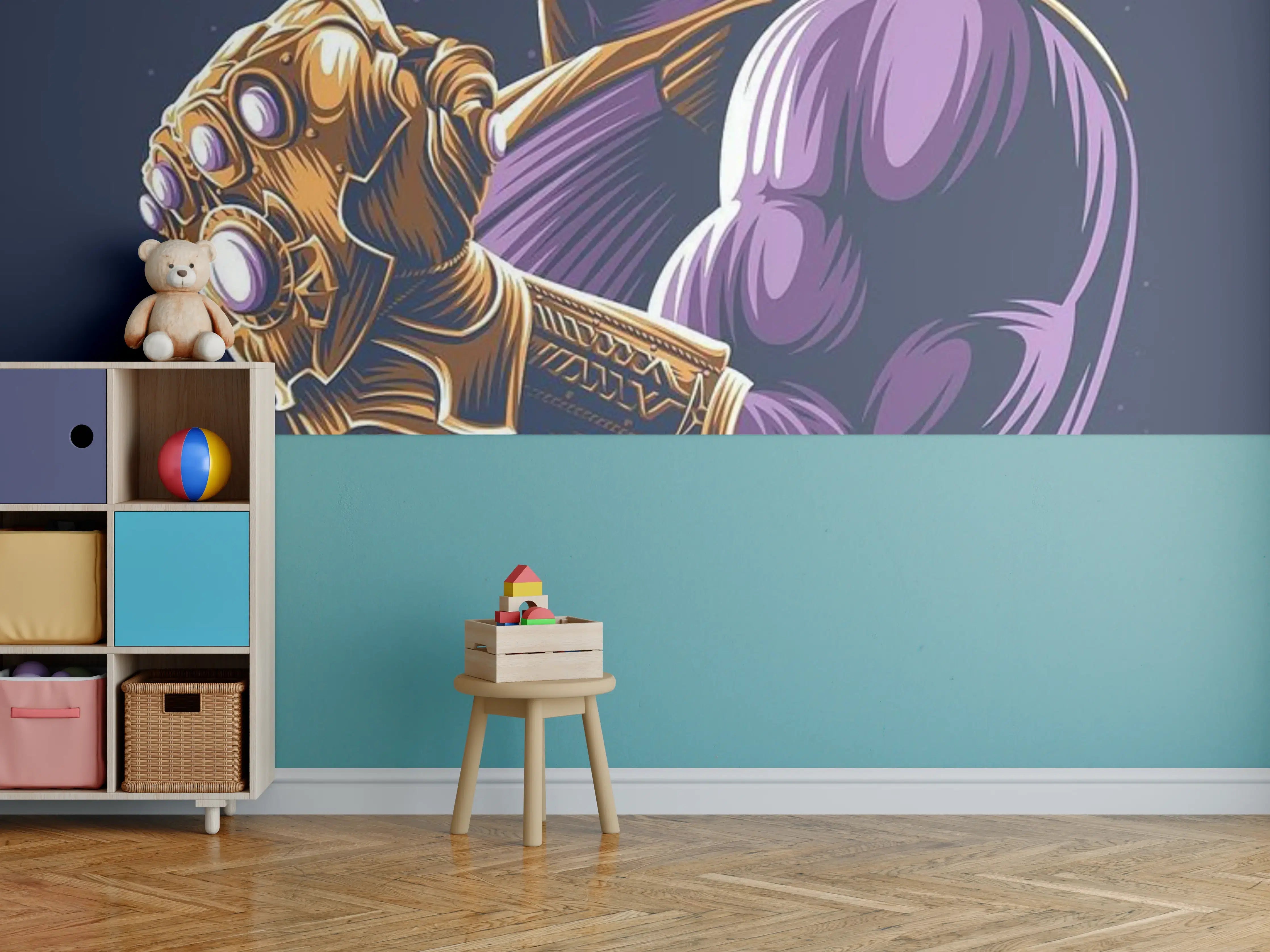 Kinderzimmer Wandgestaltung - Thanos in Comic-Ästhetik mit Infinity-Steinen