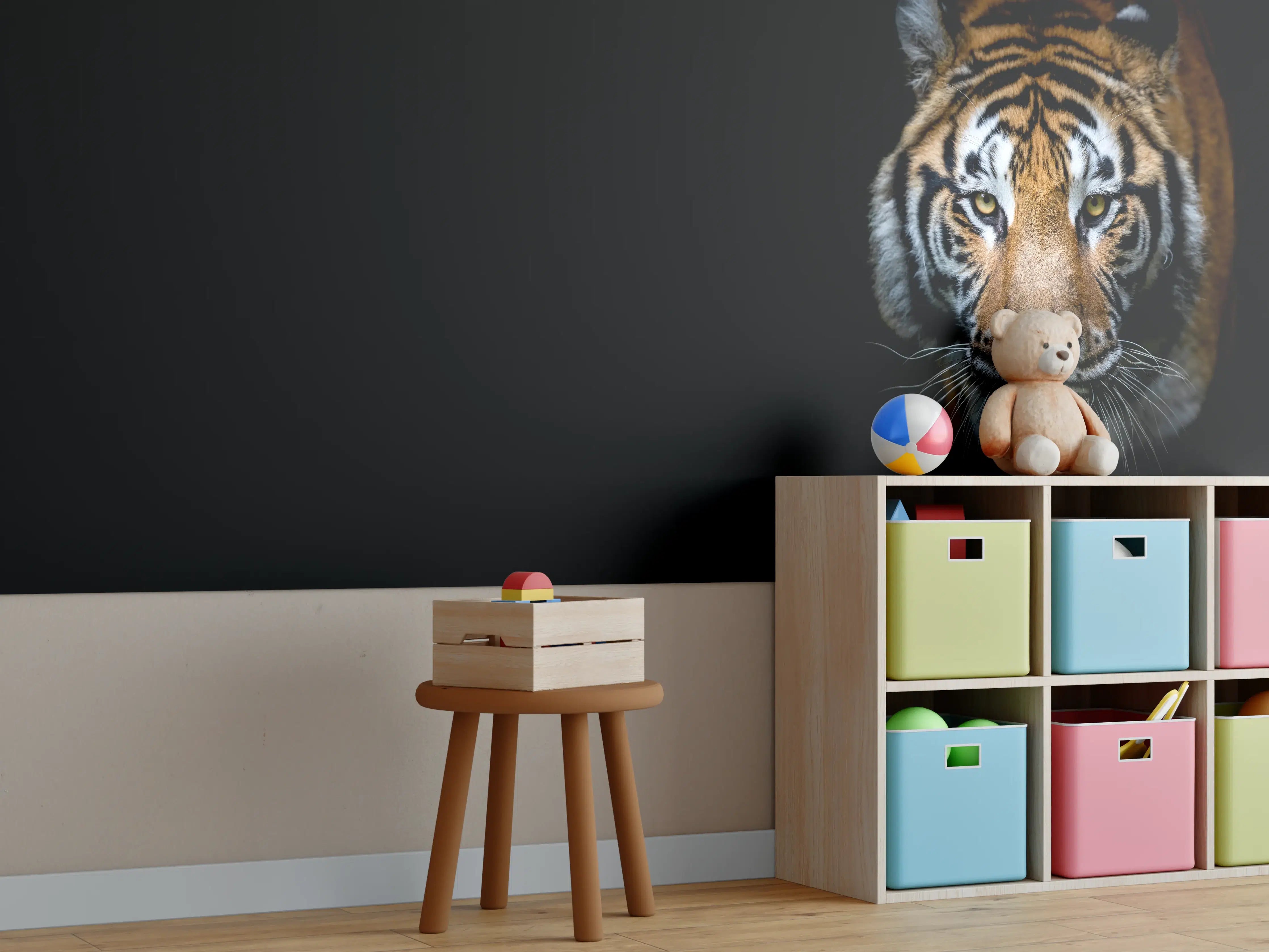 Kinderzimmer Wandgestaltung - Tiger auf schwarzem Hintergrund