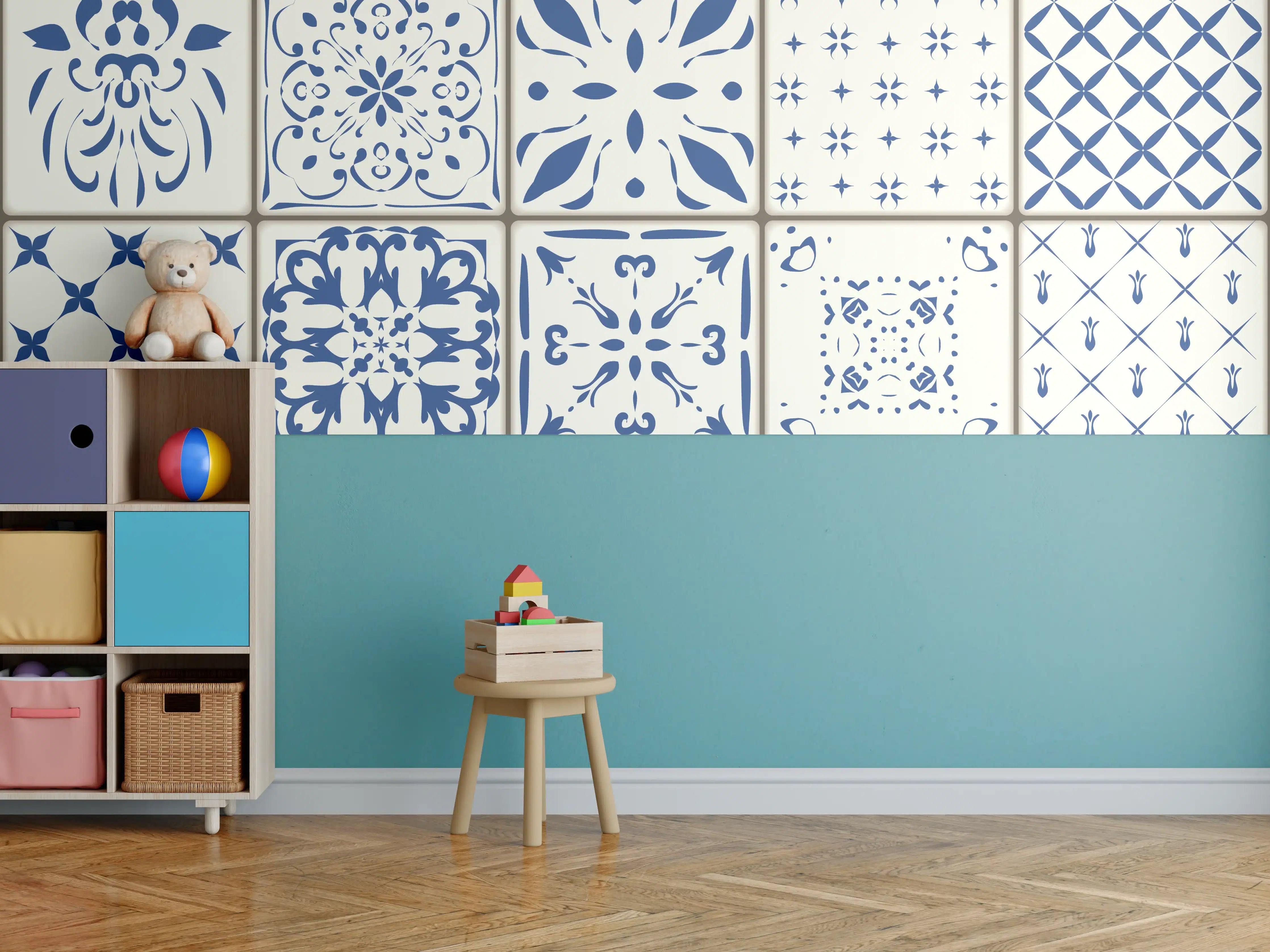 Kinderzimmer Wandgestaltung - Traditionelle Blau-Weiß Fliesenmuster
