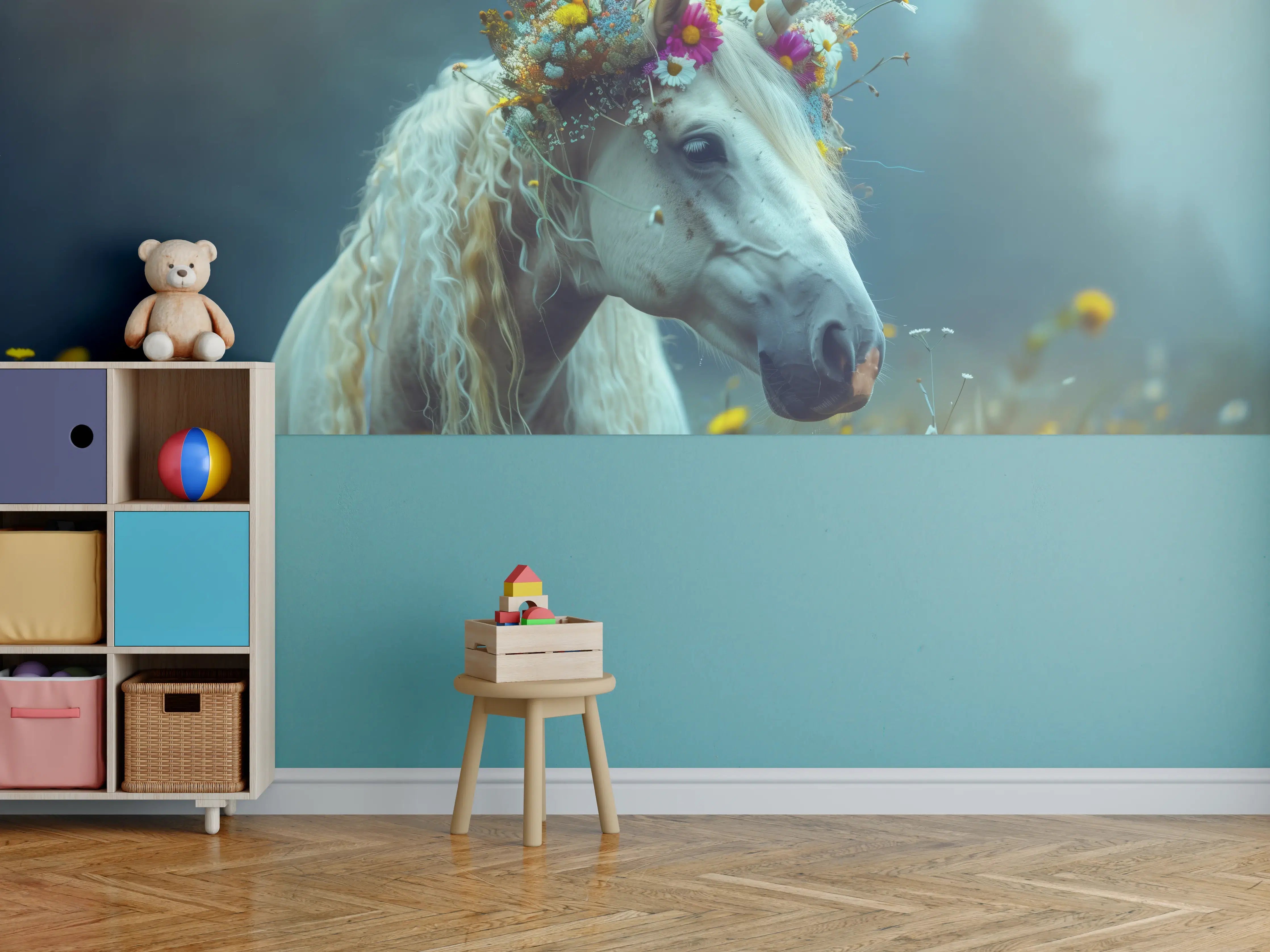 Kinderzimmer Wandgestaltung - Traumhaftes Einhorn mit Blumenkrone in Wiesenidyll