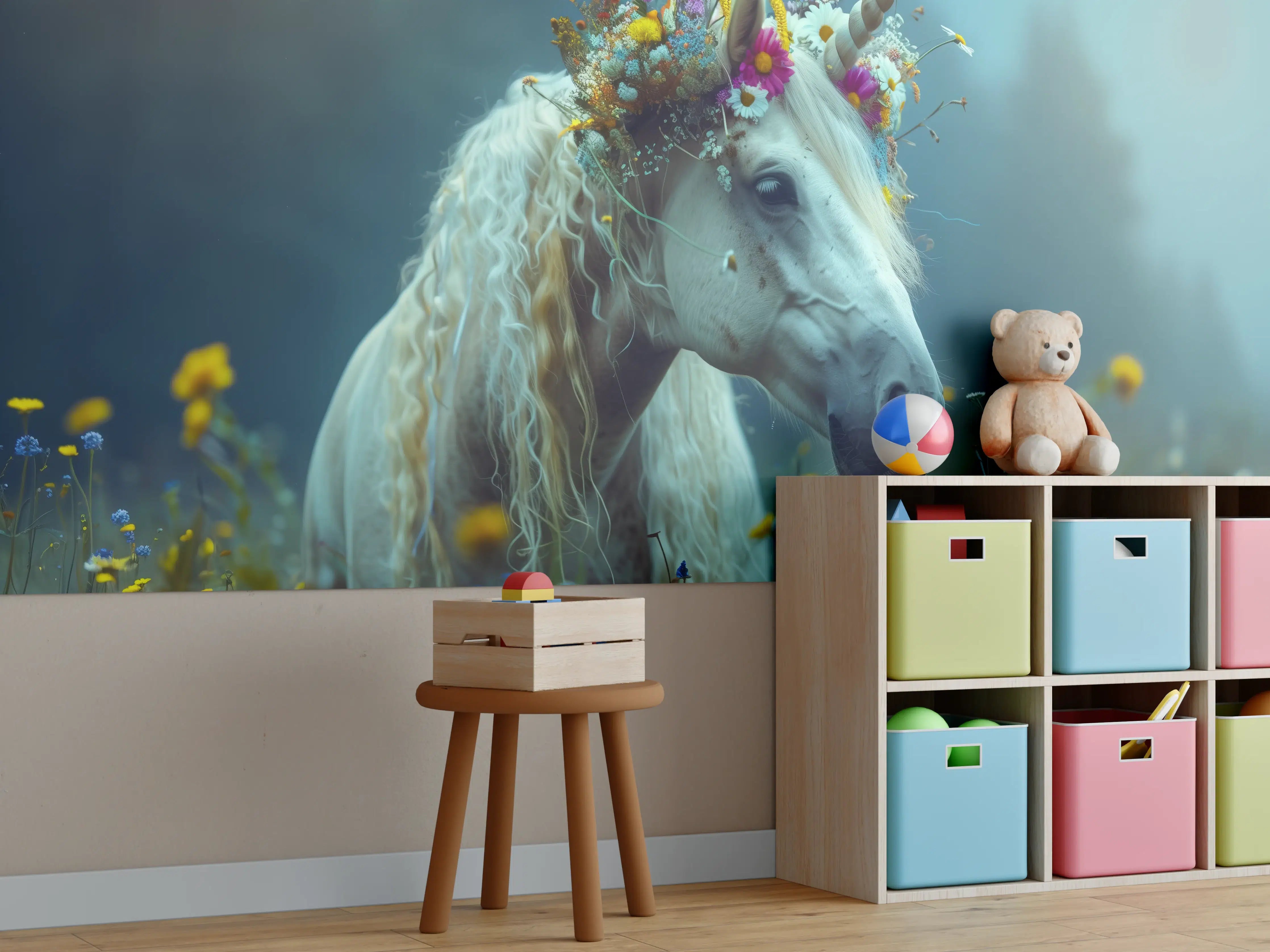 Kinderzimmer Wandgestaltung - Traumhaftes Einhorn mit Blumenkrone in Wiesenidyll