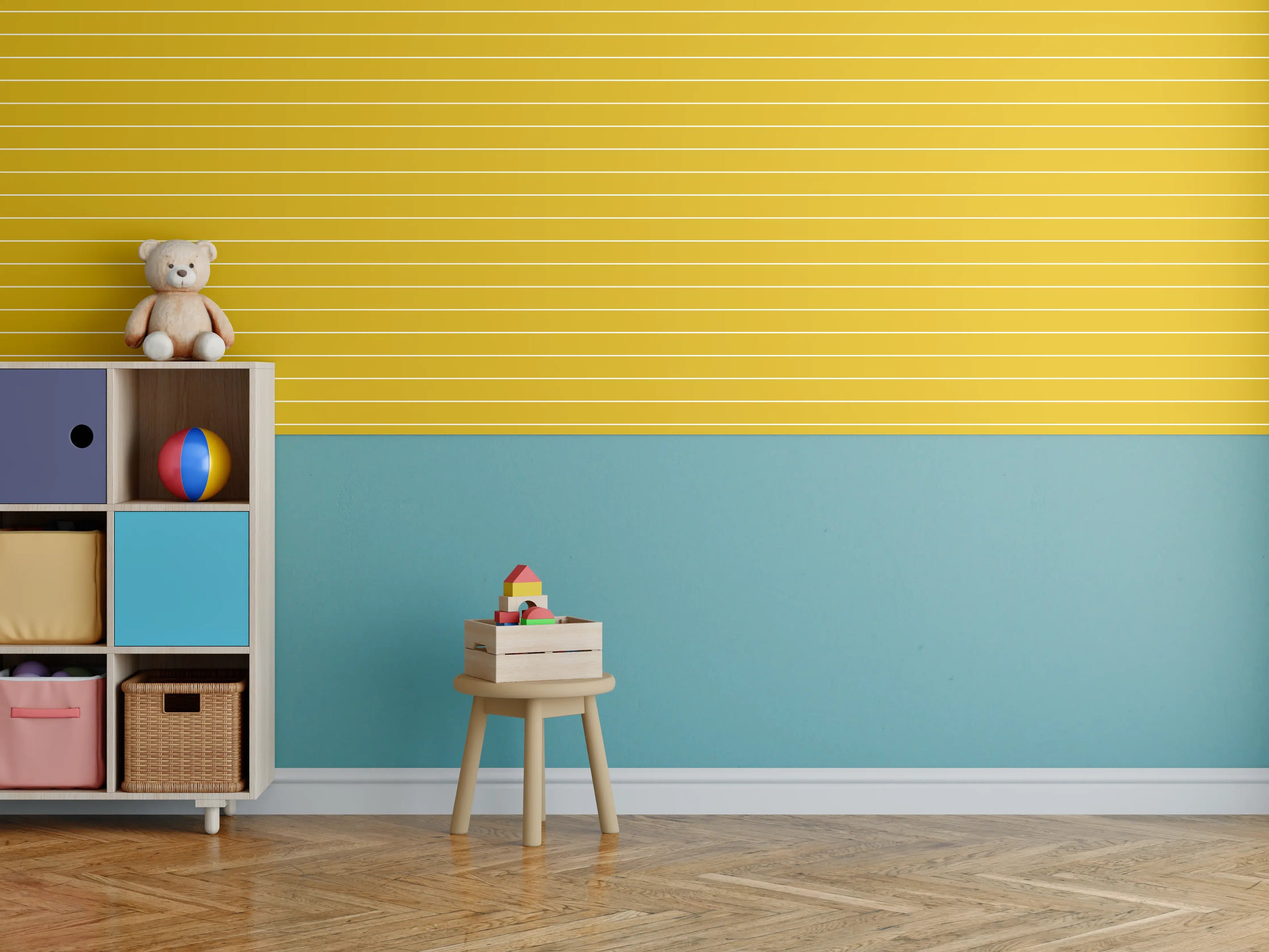 Kinderzimmer Wandgestaltung - Trendige Senffarbe mit geraden Linien