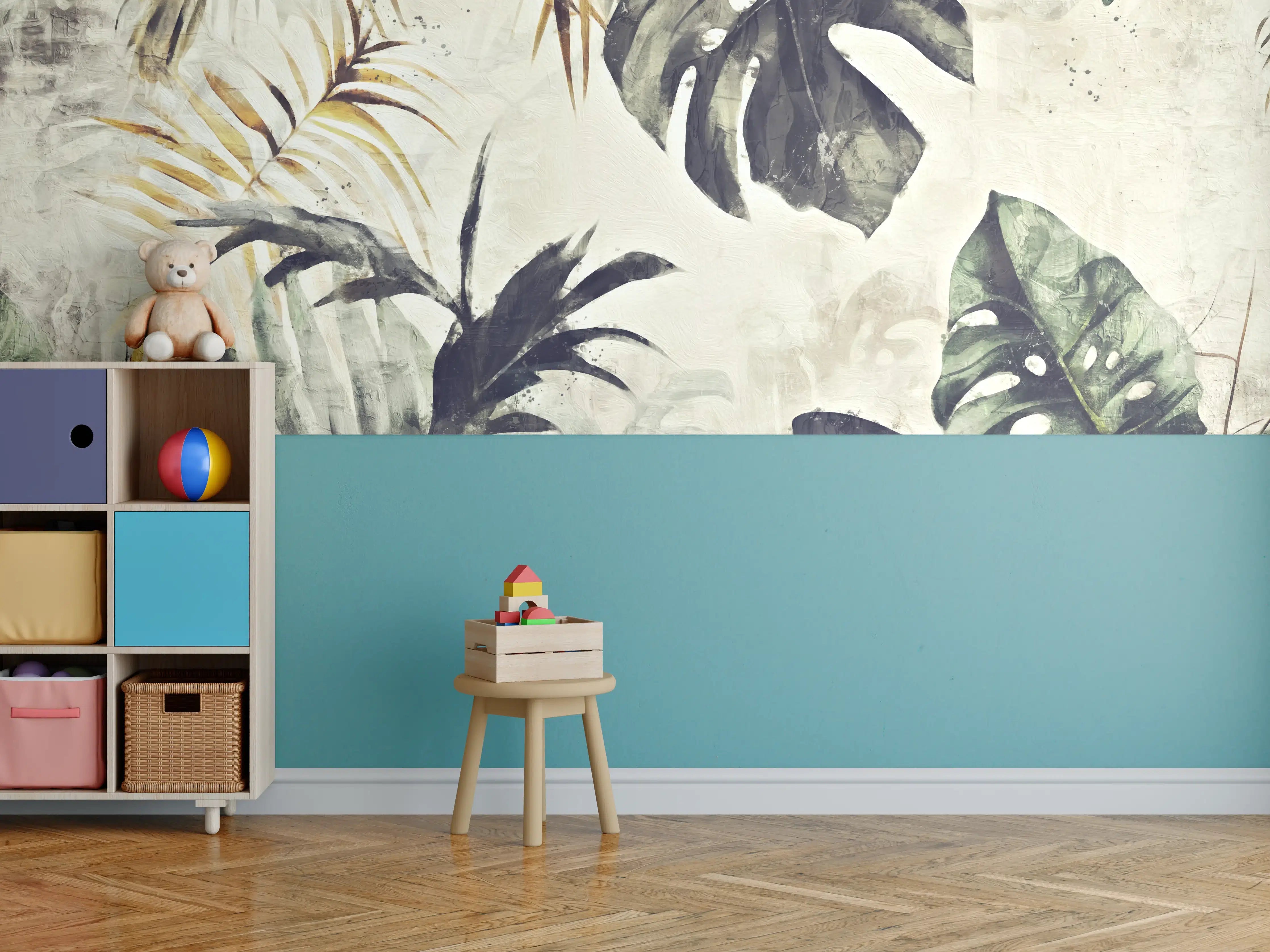 Kinderzimmer Wandgestaltung - Tropenfarben: Grau & Weiß