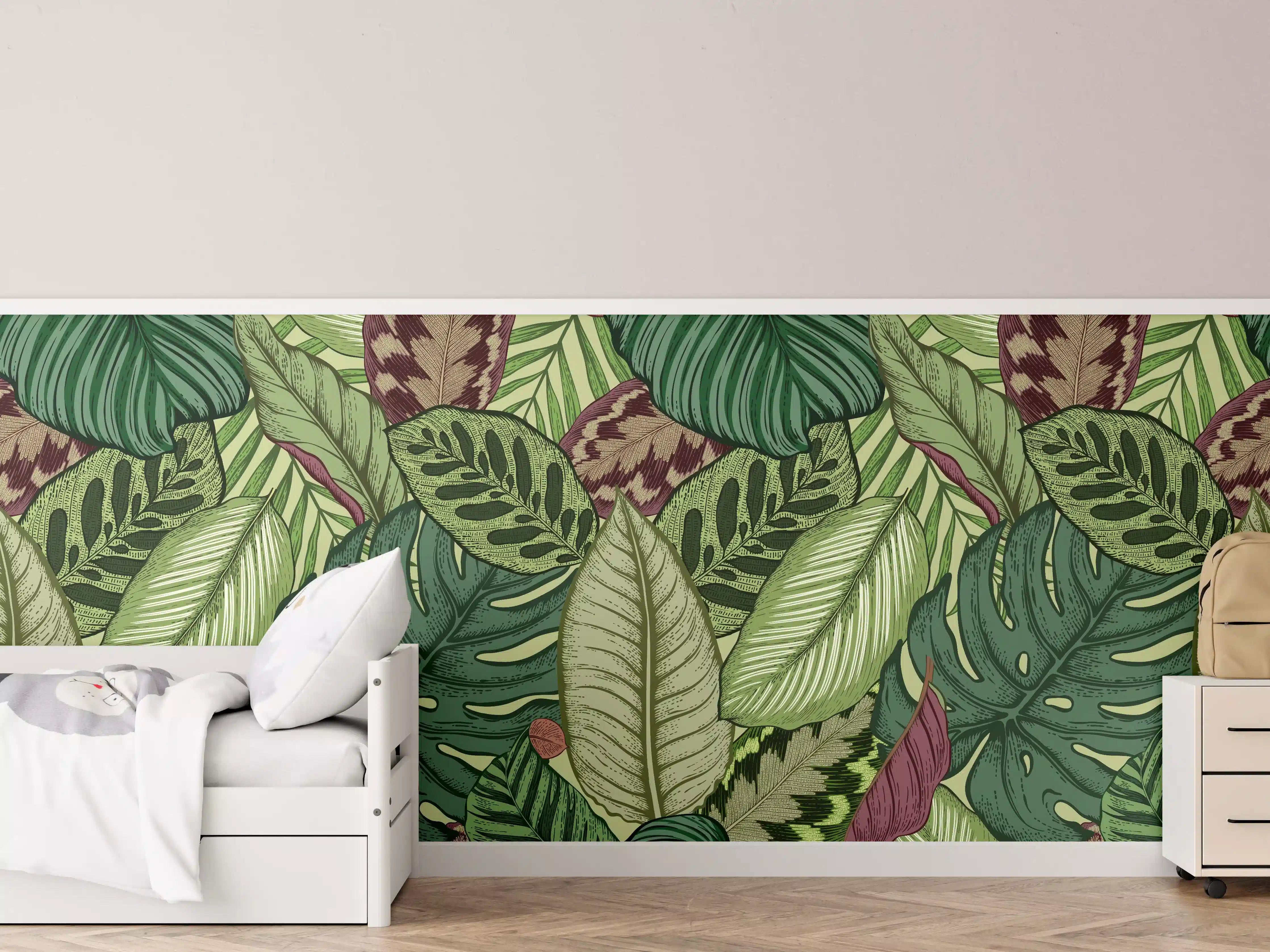 Kinderzimmer Wandgestaltung - Tropische Blätter Grün-Beige