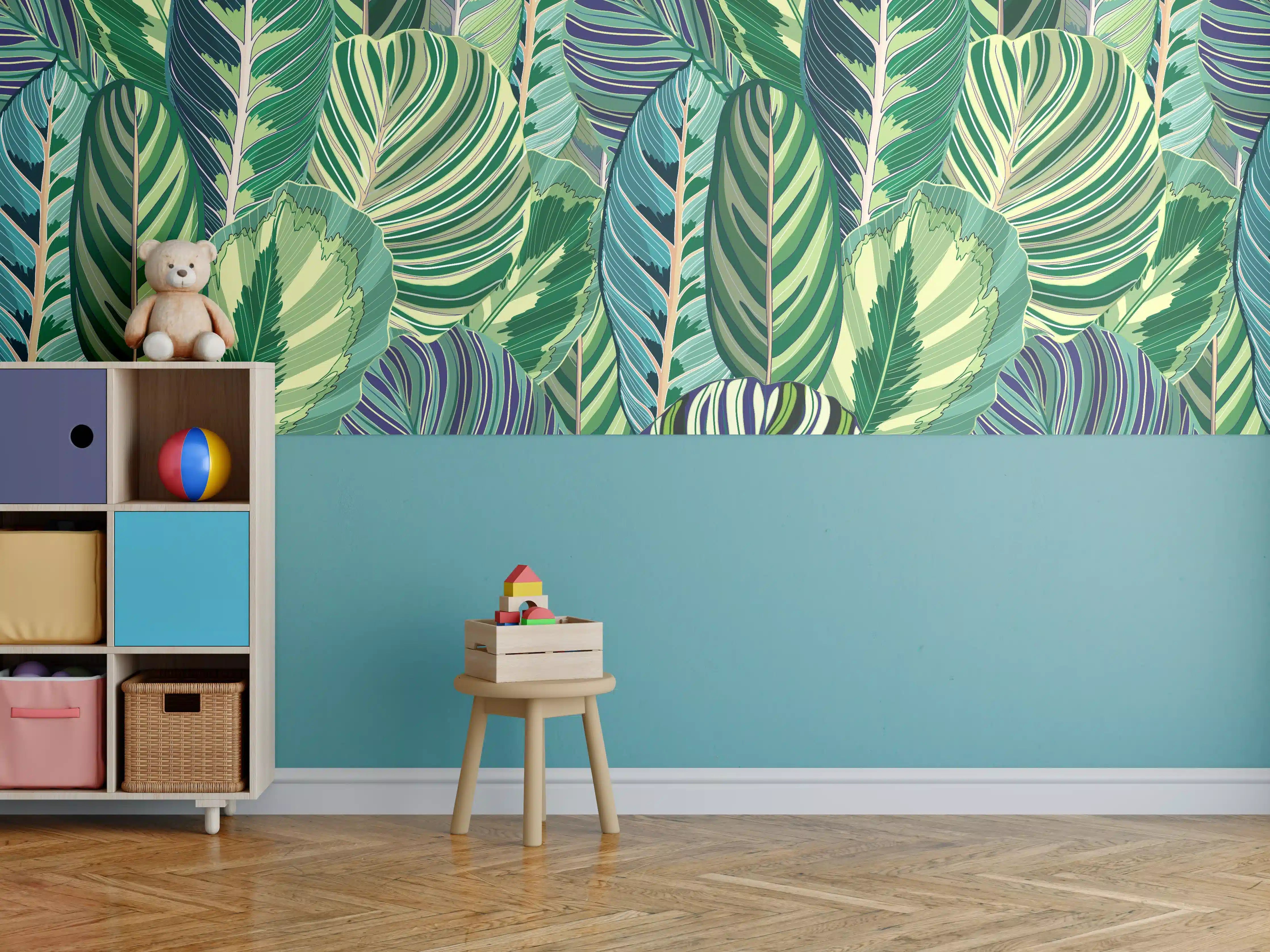 Kinderzimmer Wandgestaltung - Tropische Blätter Grün-Türkis-Lila