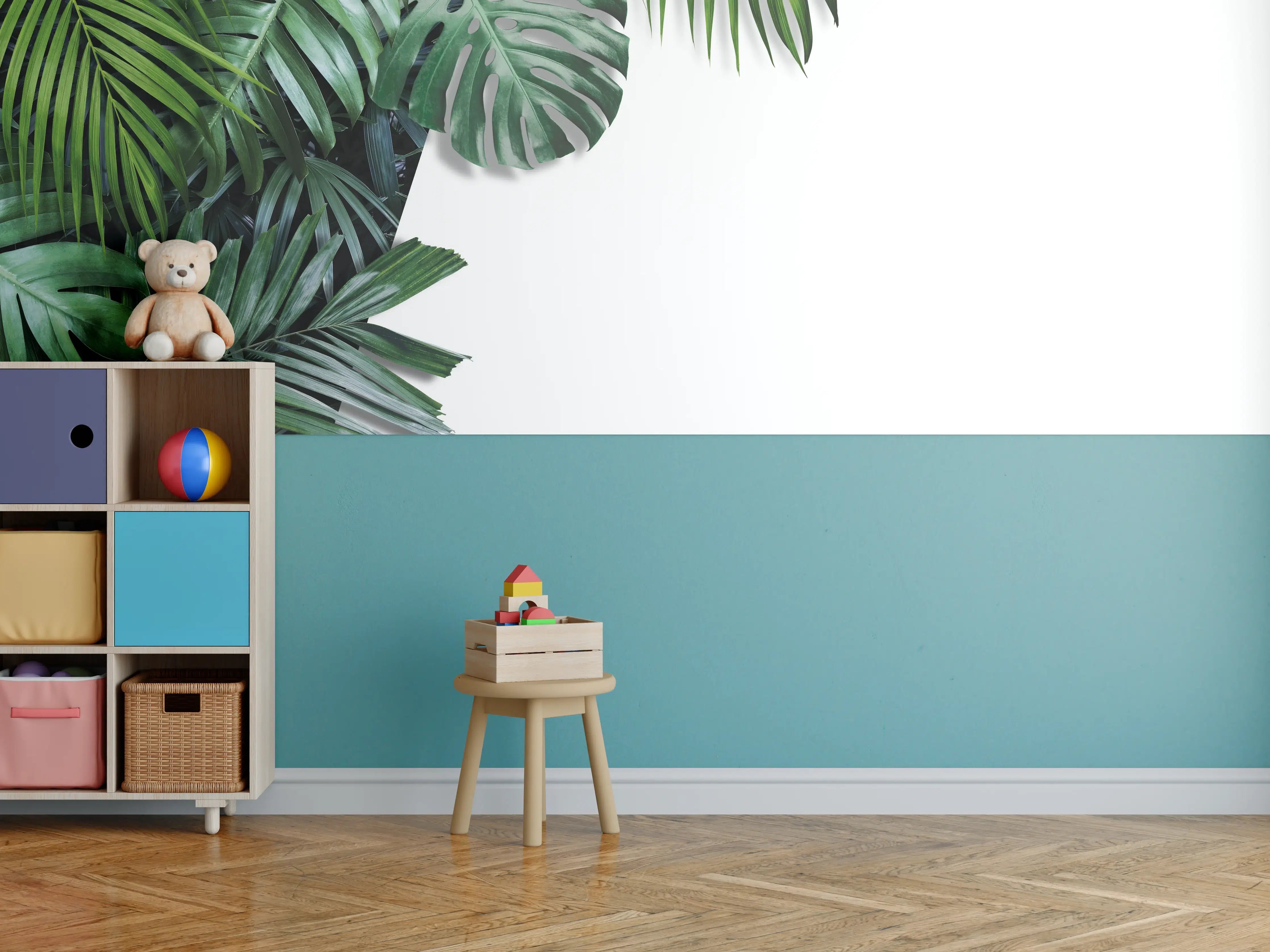 Kinderzimmer Wandgestaltung - Tropische Blätter auf weißem Grund