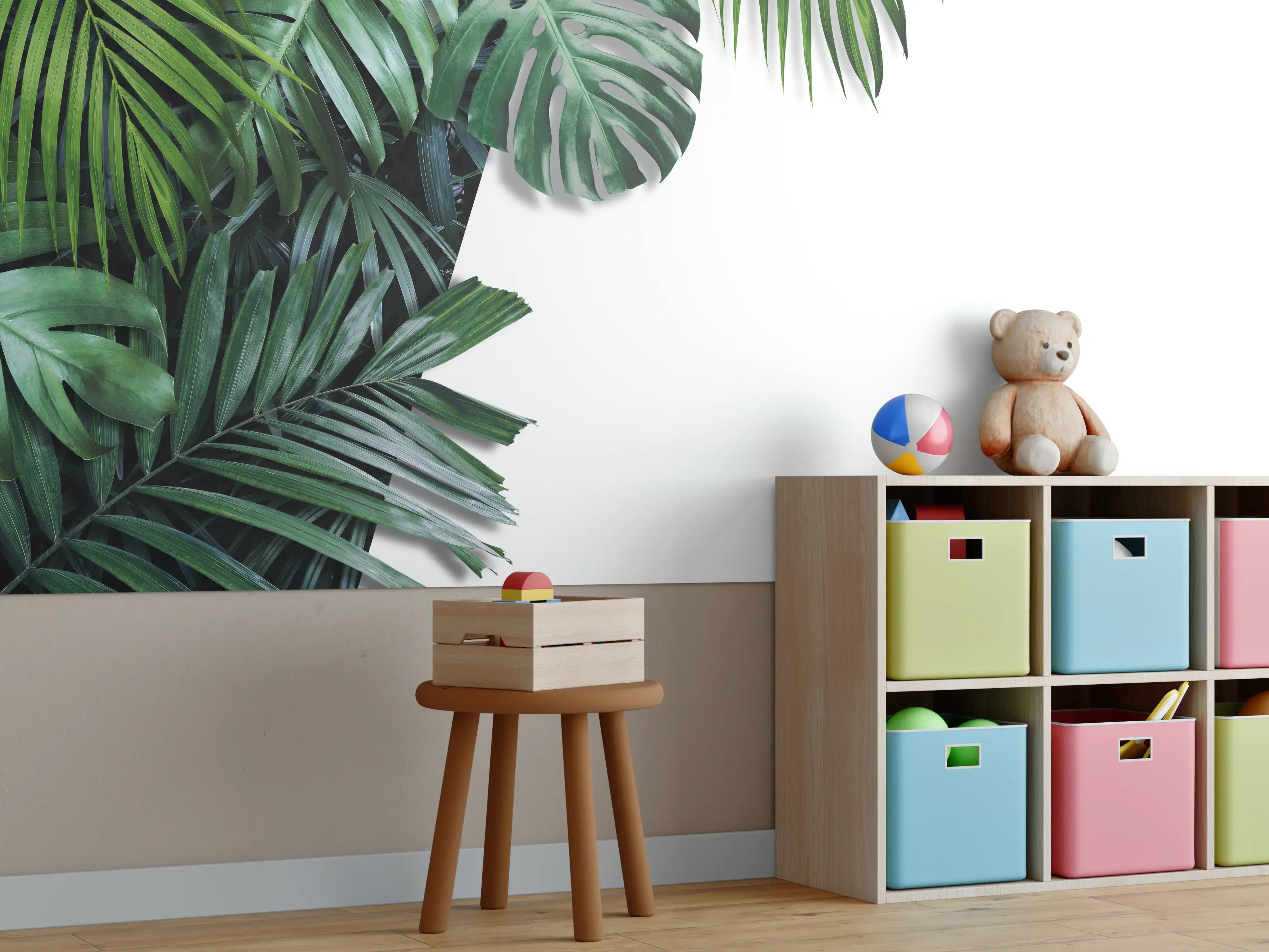 Kinderzimmer Wandgestaltung - Tropische Blätter auf weißem Grund