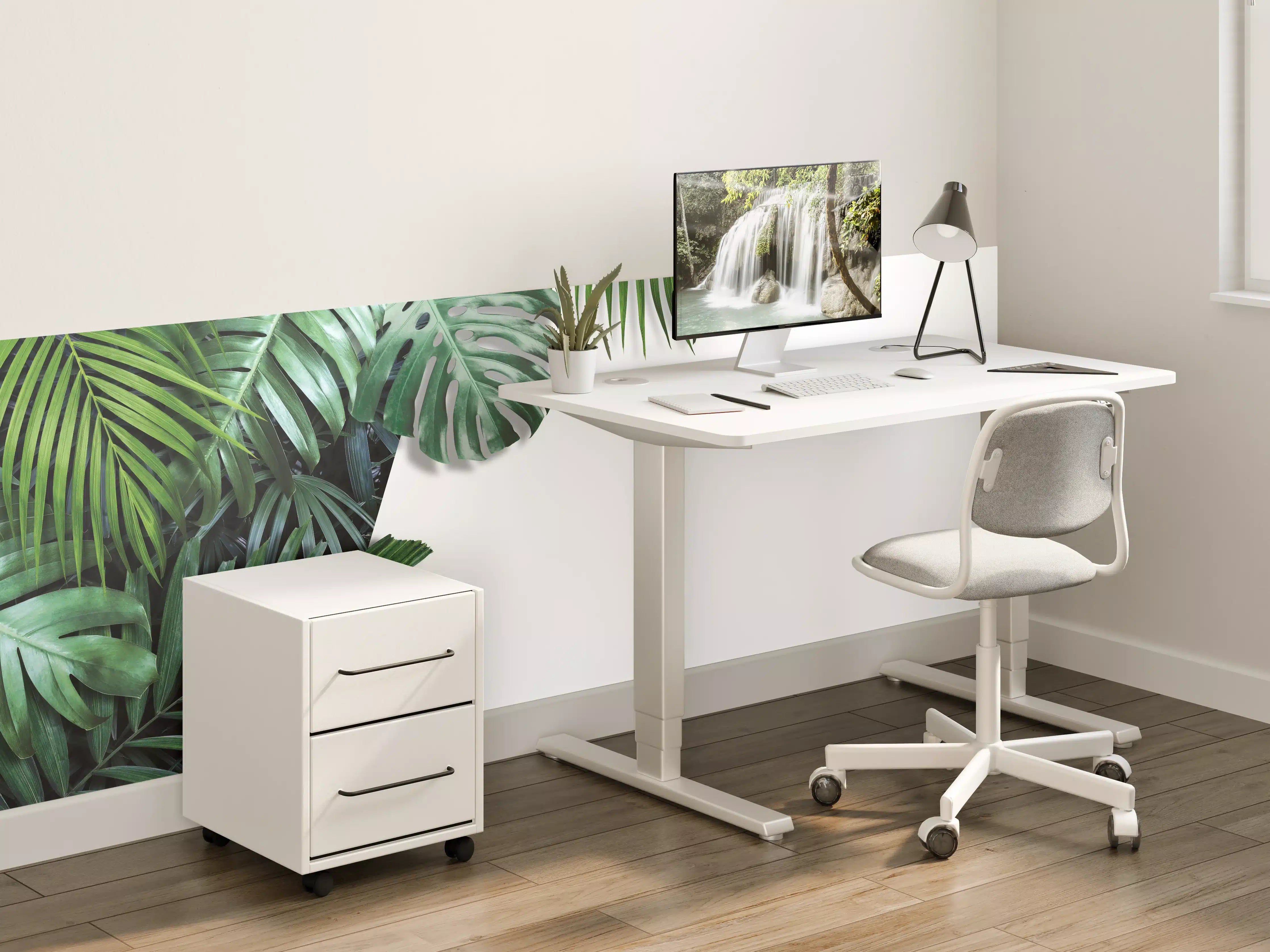 Kinderzimmer Wandgestaltung - Tropische Blätter auf weißem Grund