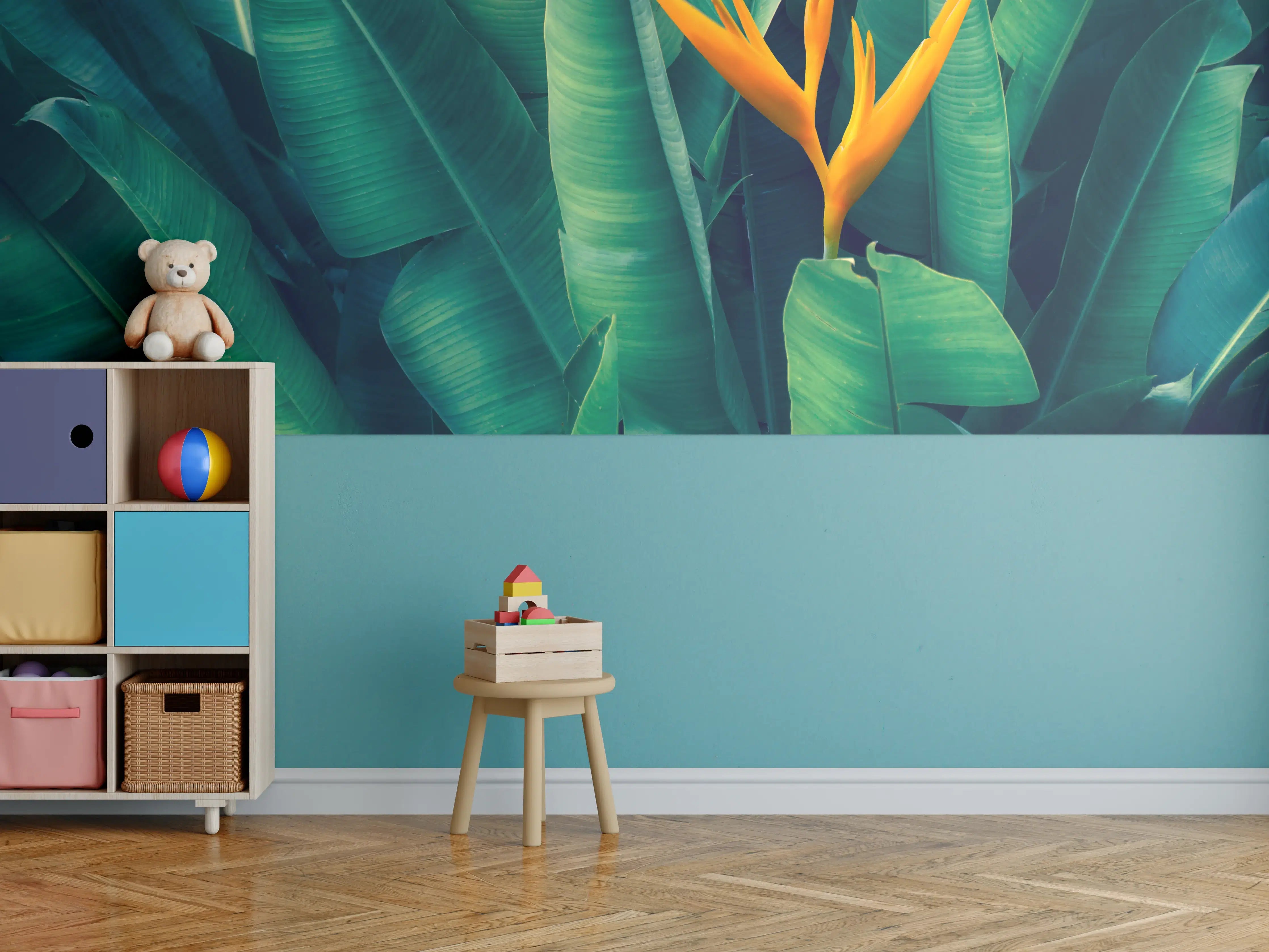 Kinderzimmer Wandgestaltung - Tropische Blätter mit orangefarbiger Blume