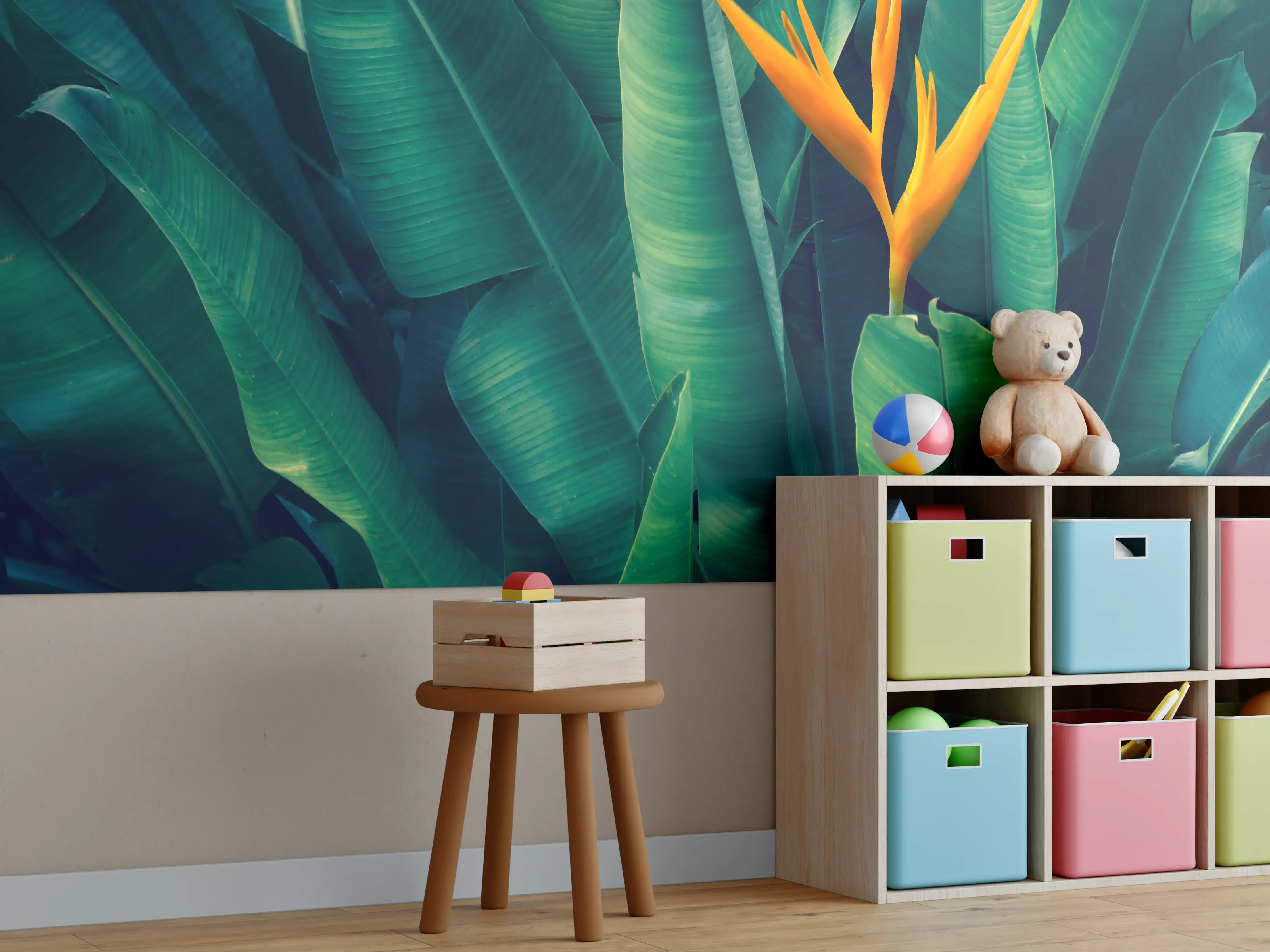 Kinderzimmer Wandgestaltung - Tropische Blätter mit orangefarbiger Blume