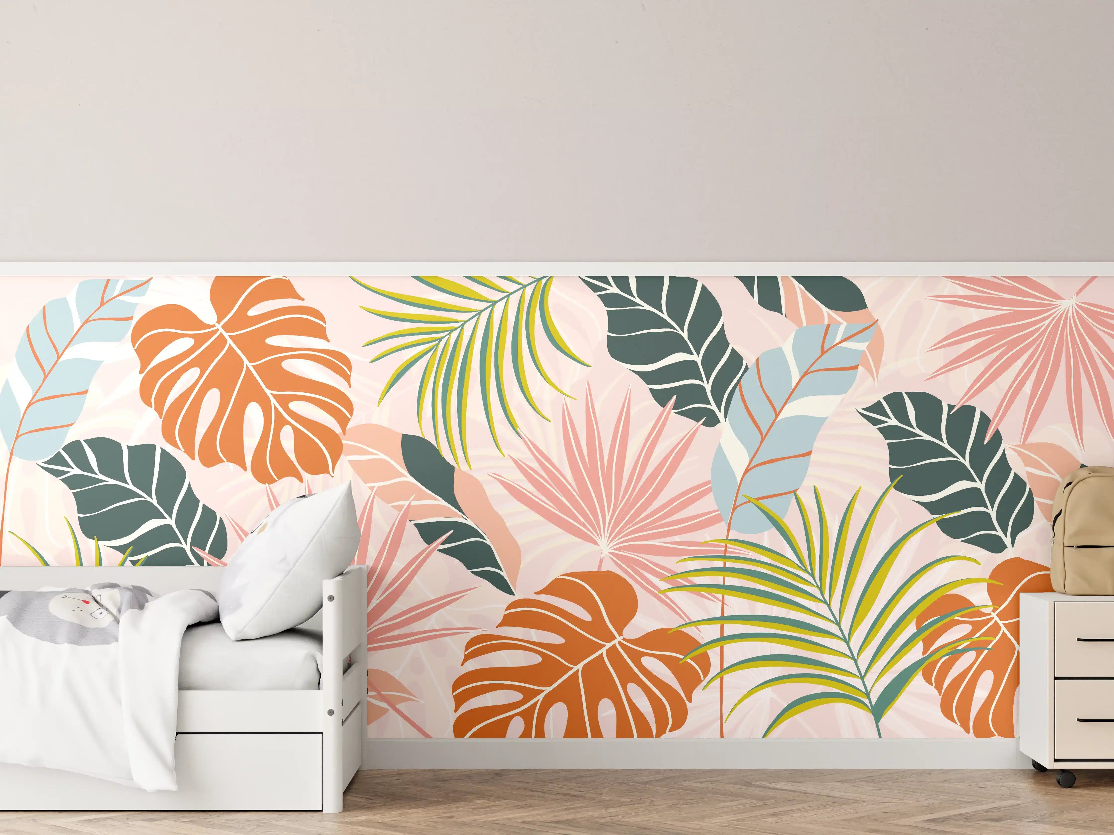 Kinderzimmer Wandgestaltung - Tropische Blättermischung in Rosa und Grün