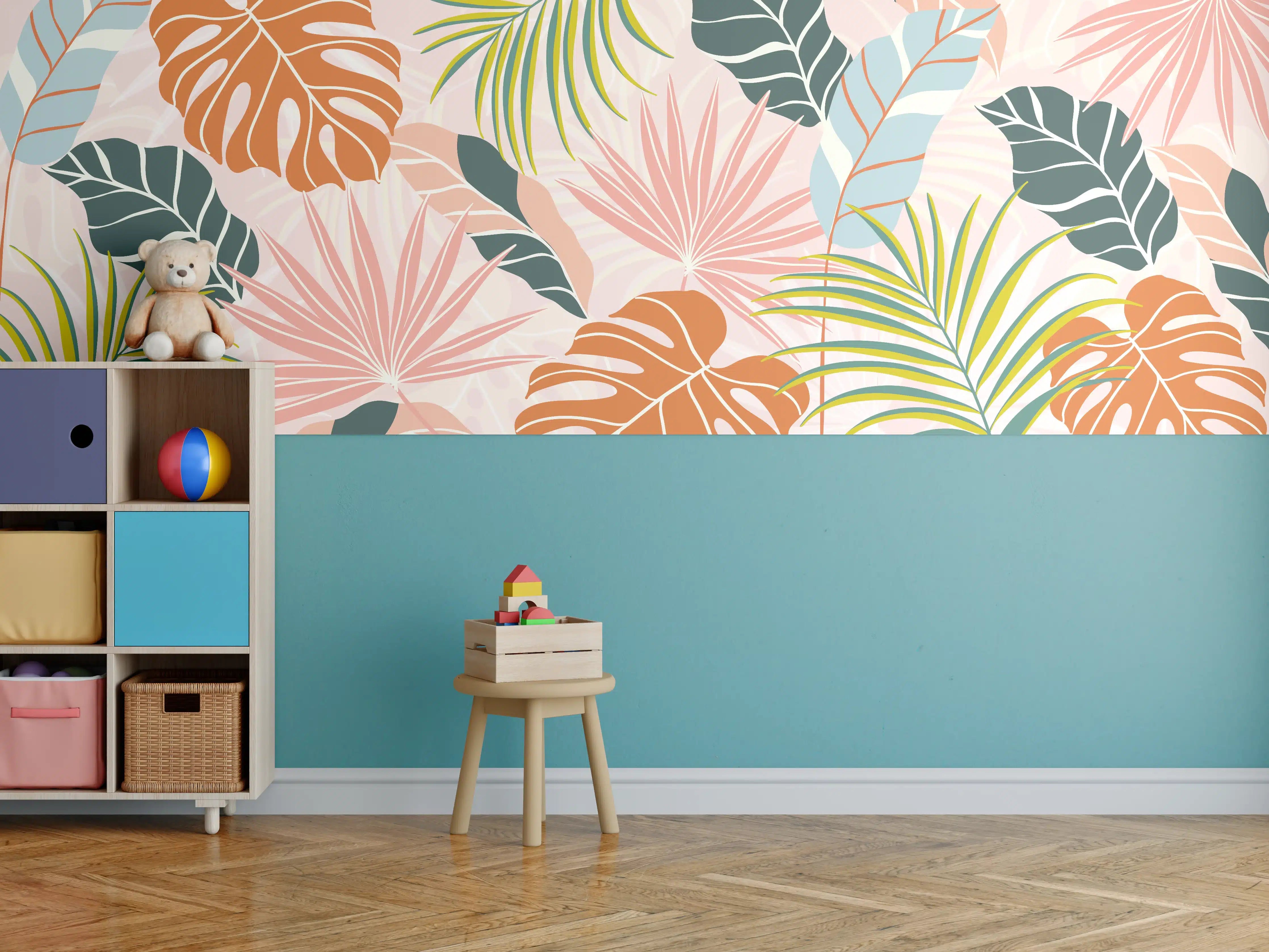 Kinderzimmer Wandgestaltung - Tropische Blättermischung in Rosa und Grün
