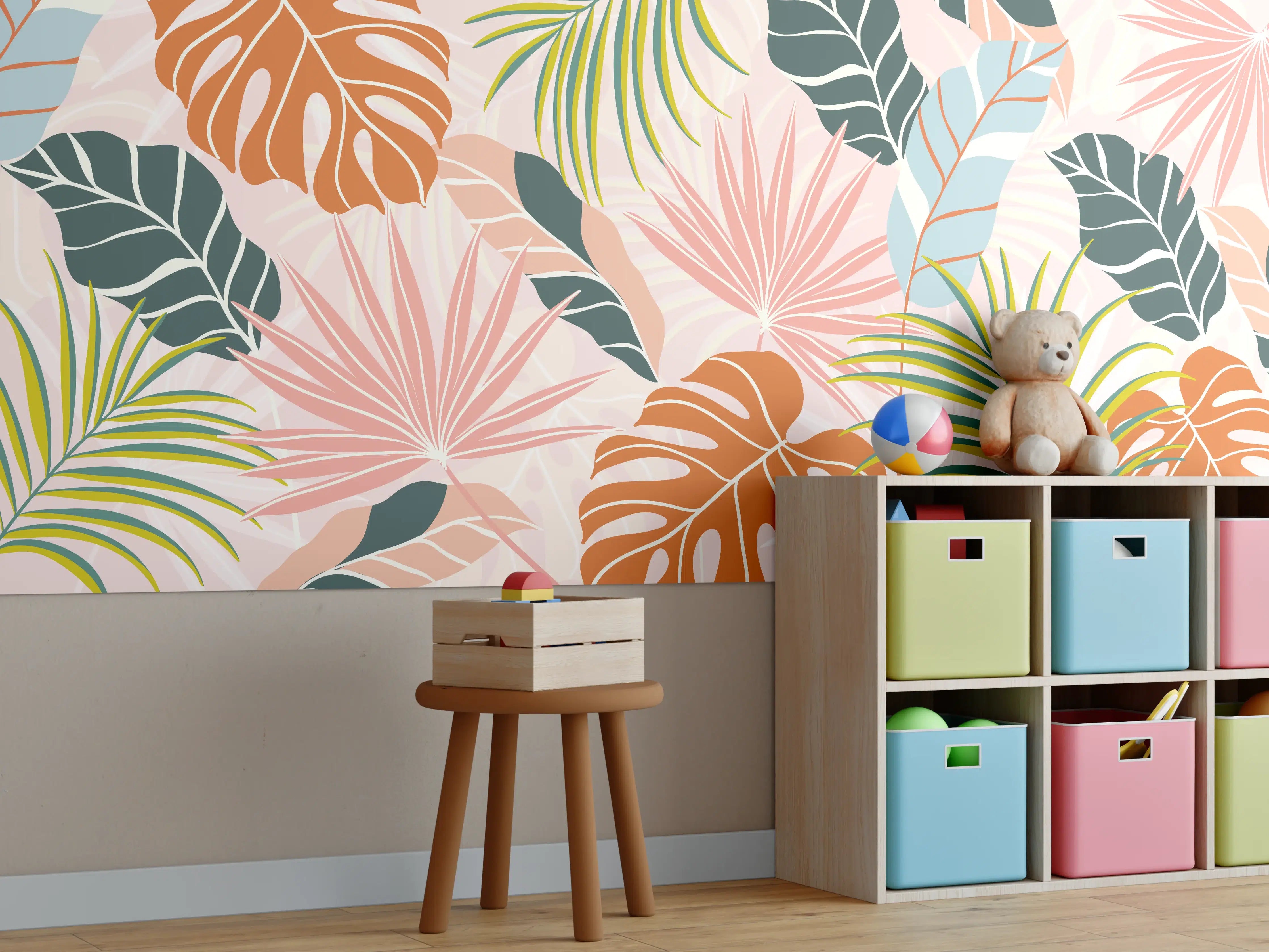 Kinderzimmer Wandgestaltung - Tropische Blättermischung in Rosa und Grün